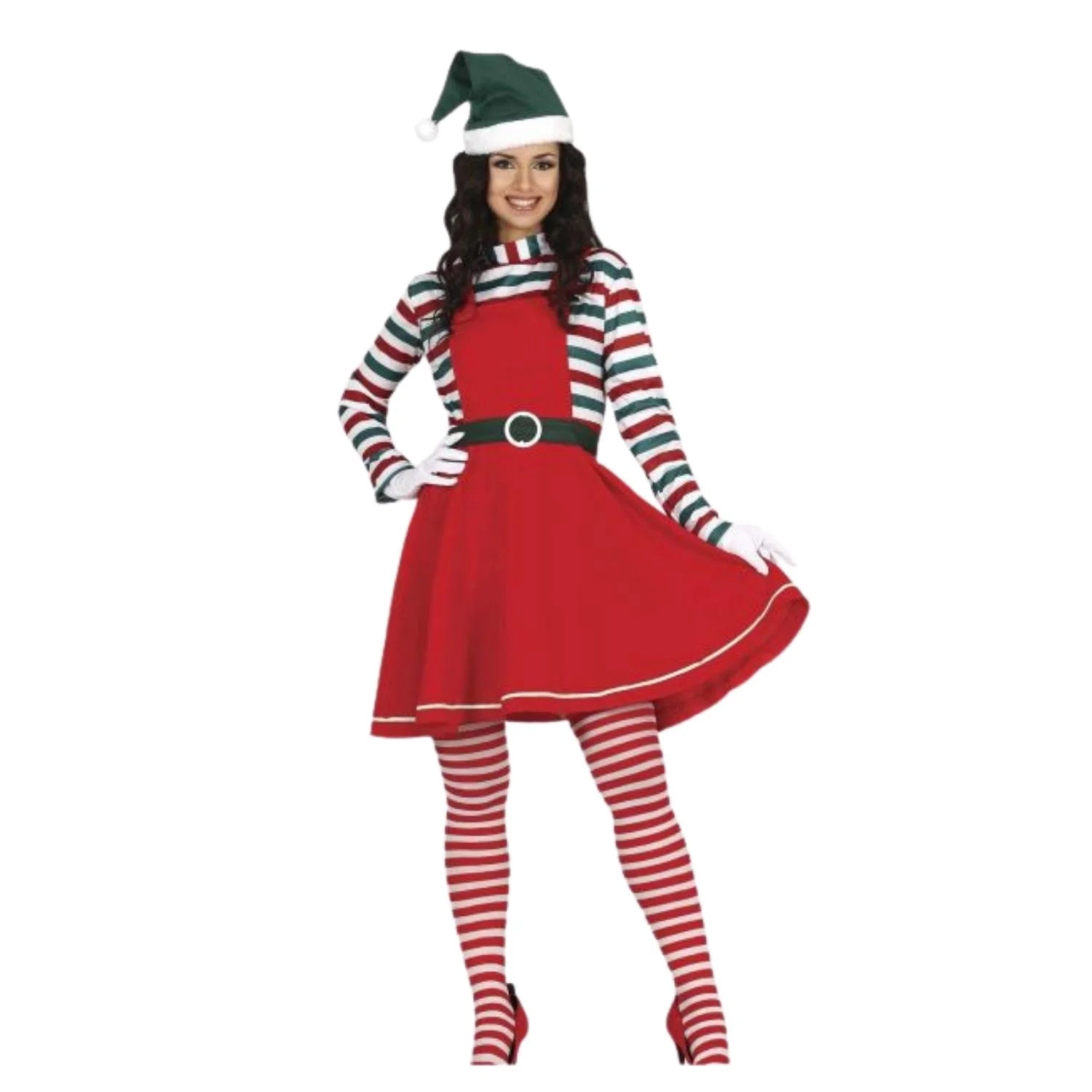 Disfraz ayudante Santa Claus mujer con vestido rojo, gorro y cinturón para Navidad