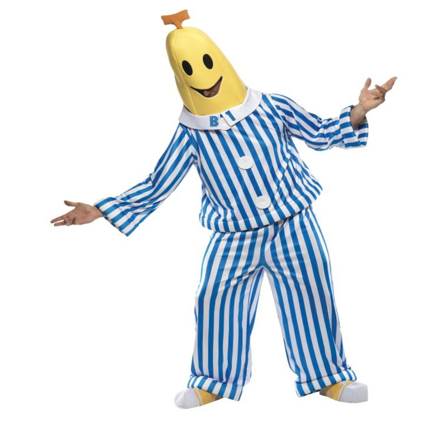 Disfraz Bananas en pijamas para adultos con máscara y pijama de rayas azules