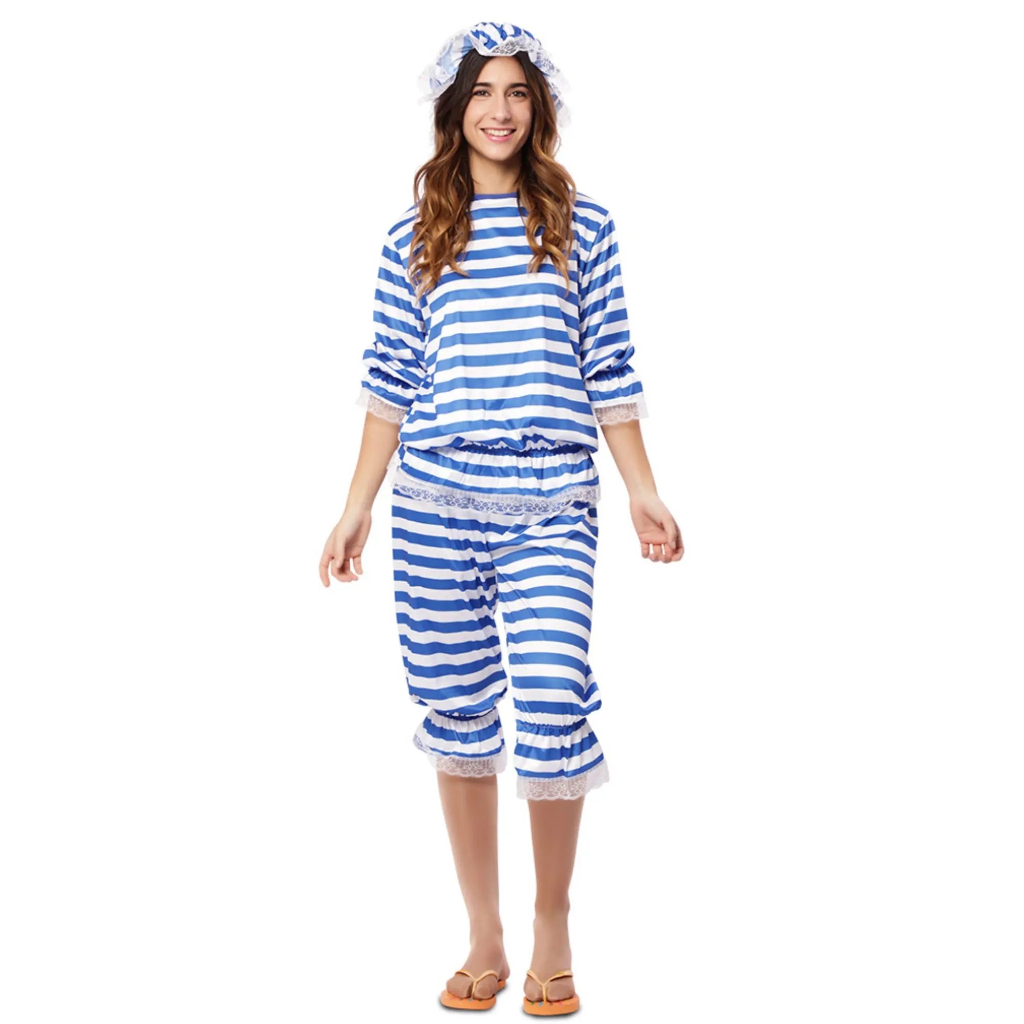 Disfraz de bañista mujer con camiseta y pantalón a rayas azules estilo años 20-30