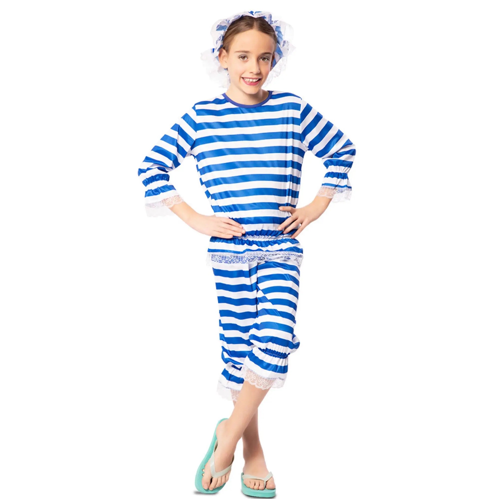 Disfraz de bañista niña con camiseta, gorro y pantalón a rayas azules estilo años 20-30