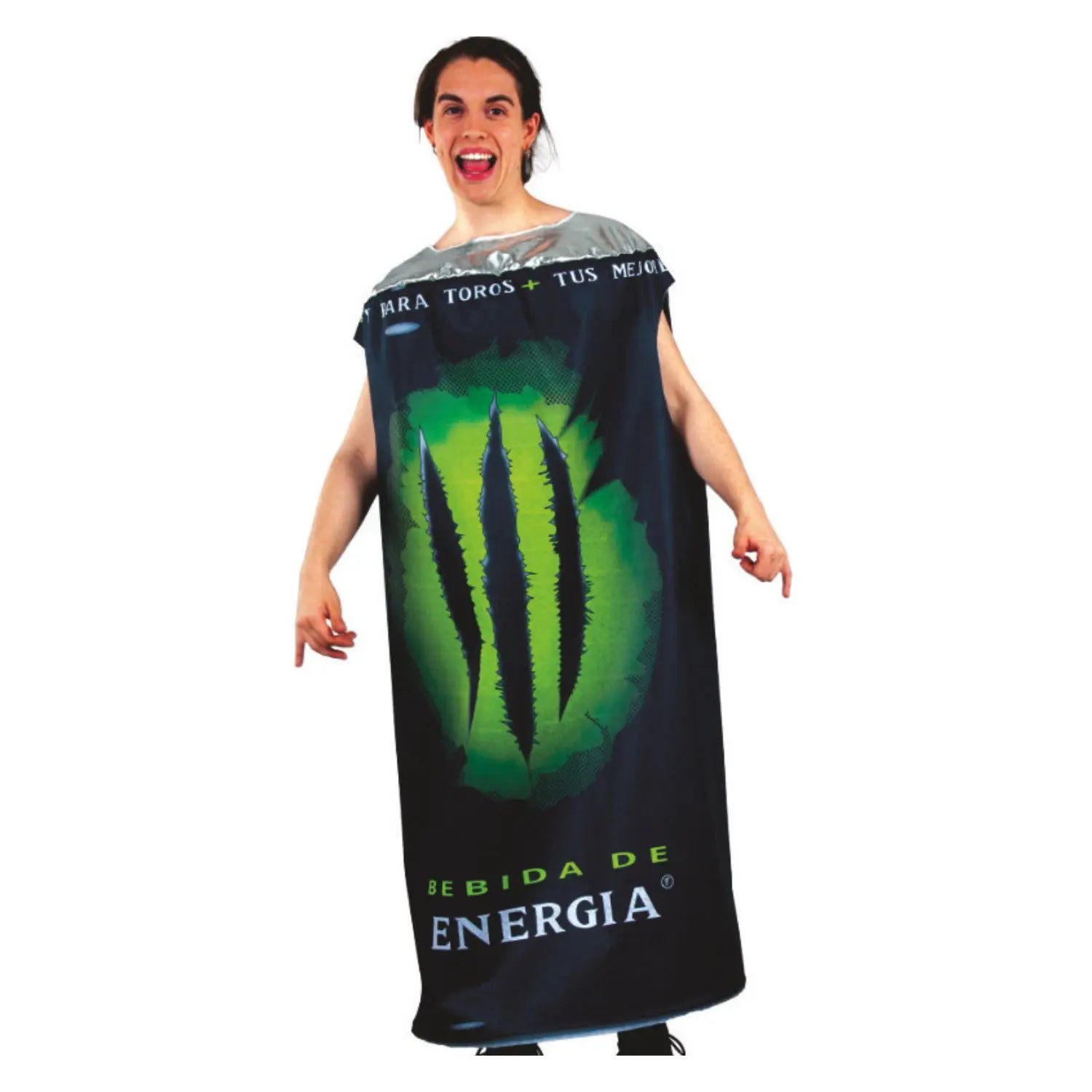 Disfraz de bebida energética para adulto con diseño de lata gigante.