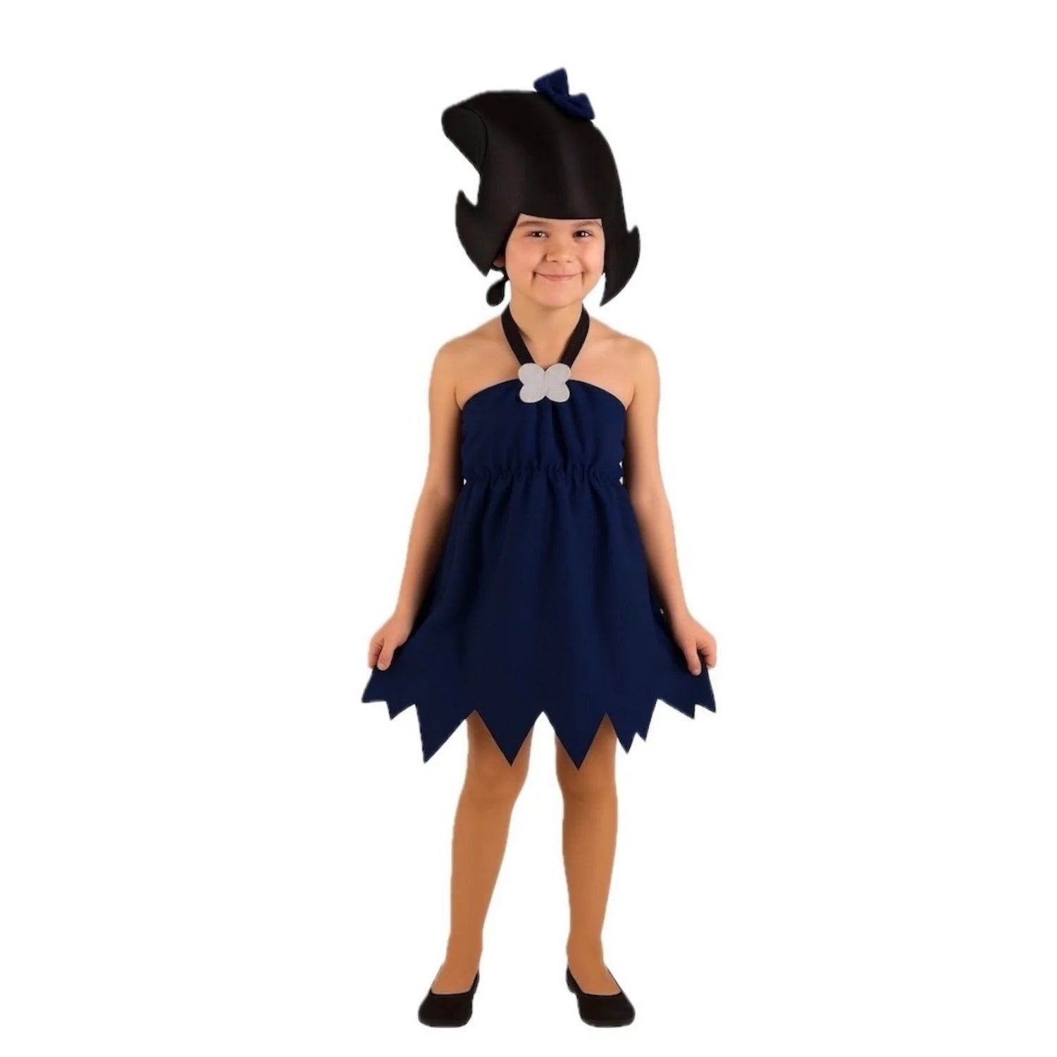 Disfraz de Betty de los Picapiedras infantil con vestido azul y gorro peluca