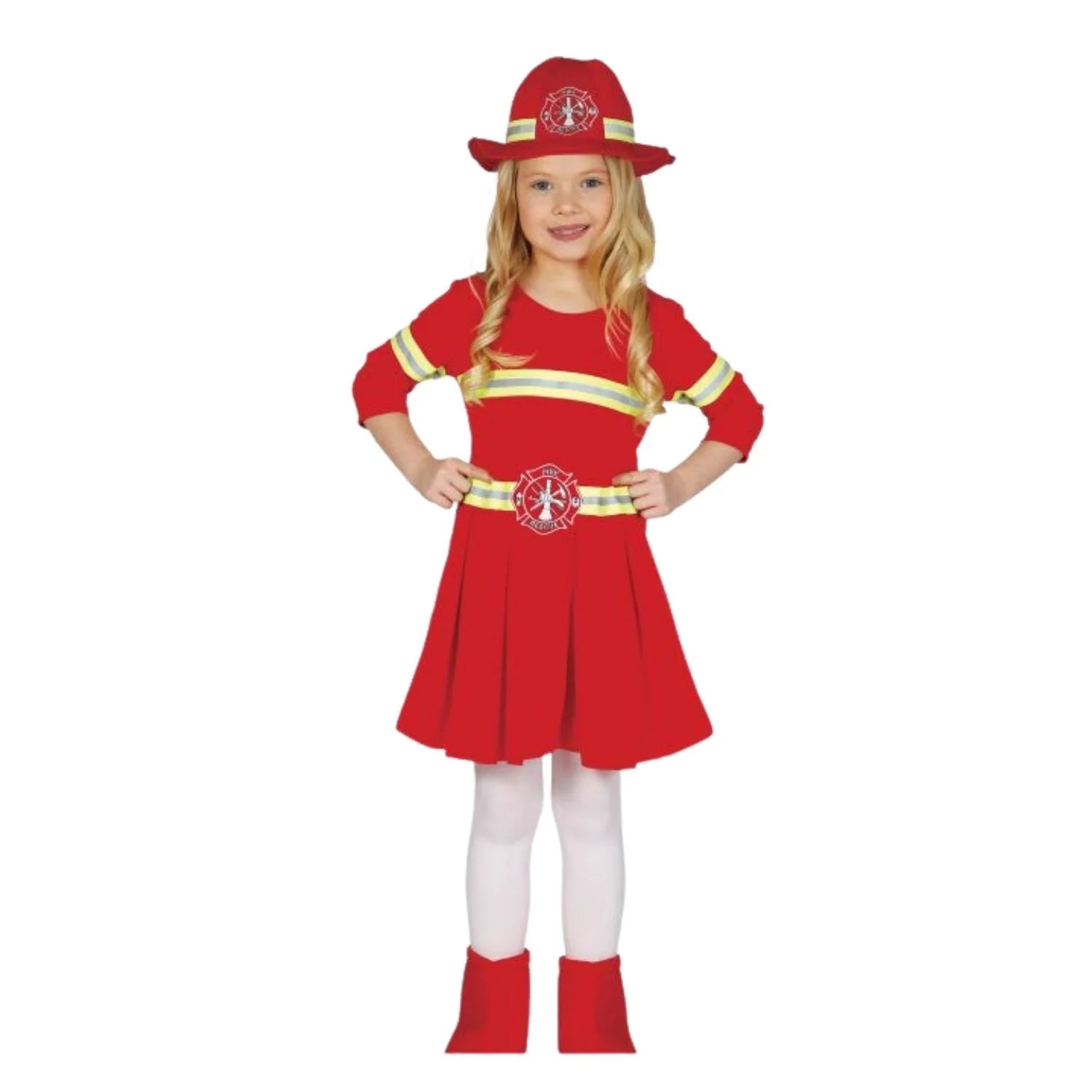 Disfraz de bombera para niña con vestido y gorro rojo