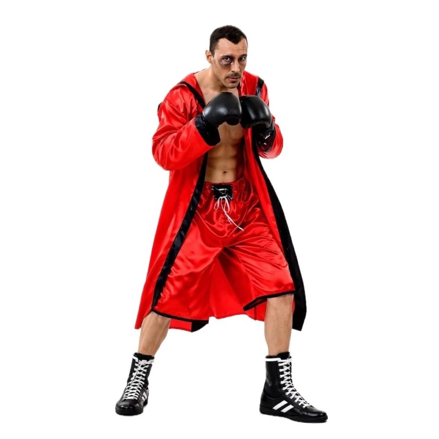 Disfraz boxeador rojo hombre con bata y pantalón corto brillante
