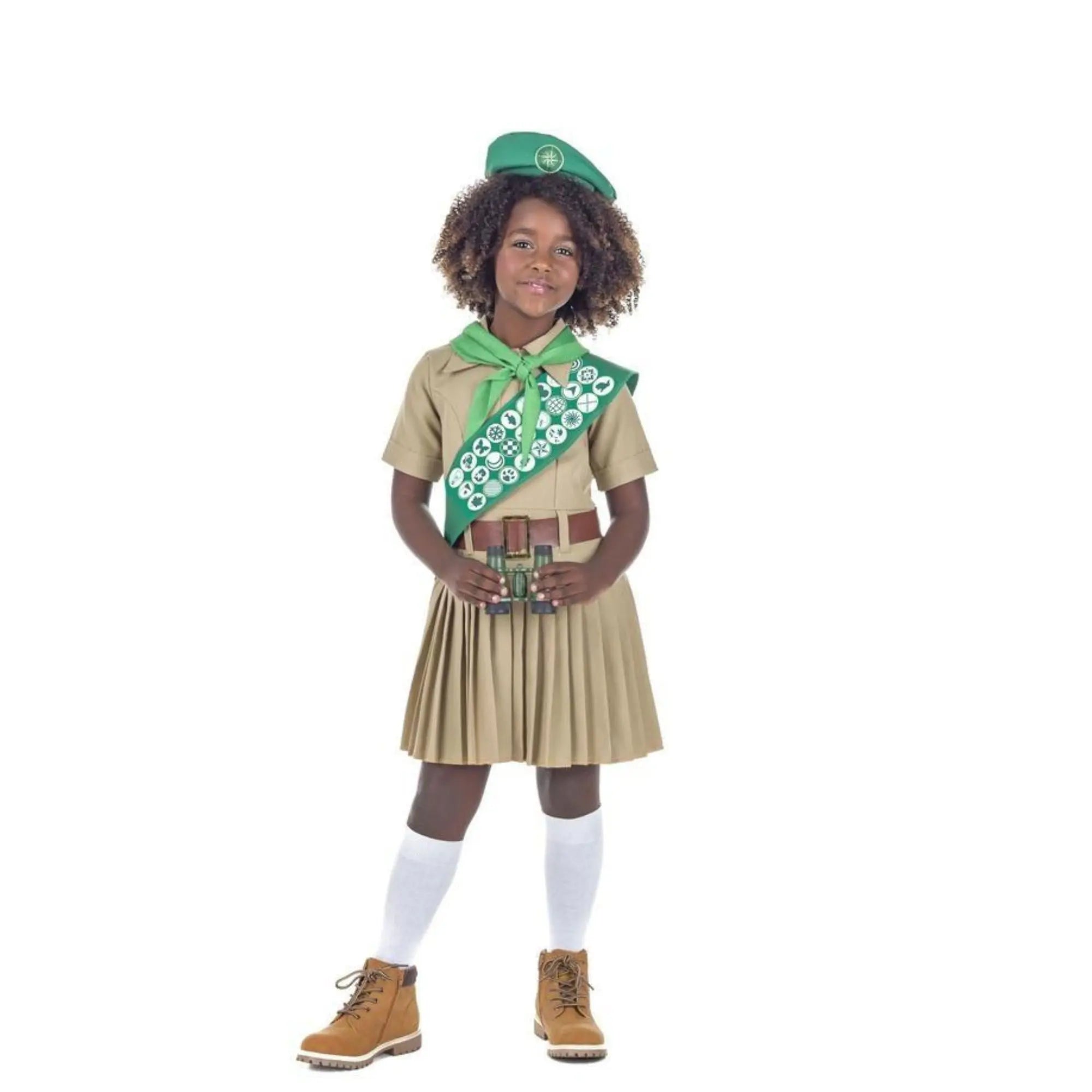 Disfraz de Boy Scout para niña con vestido, gorro y banda de medallas