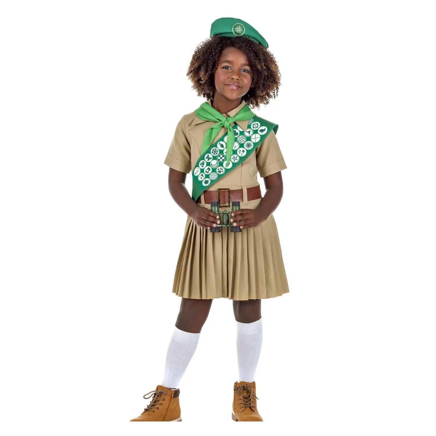 Disfraz de Boy Scout para niña con vestido, gorro y banda de medallas