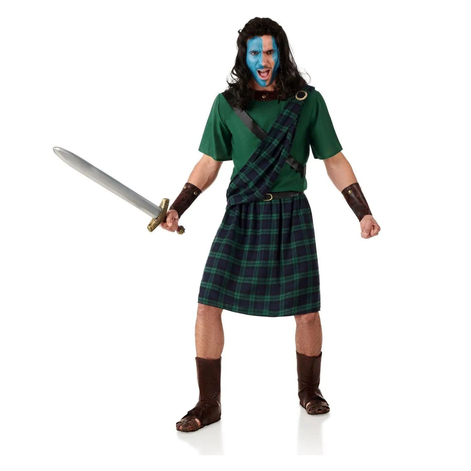 Disfraz de Braveheart adulto con camisa, falda escocesa, toga y accesorios de guerrero medieval escocés