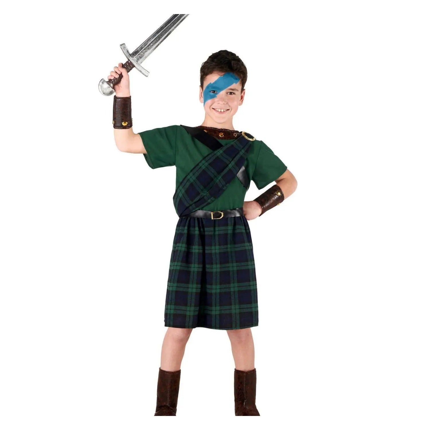 Disfraz Braveheart infantil de guerrero escocés con falda, camisa y accesorios históricos para Carnaval