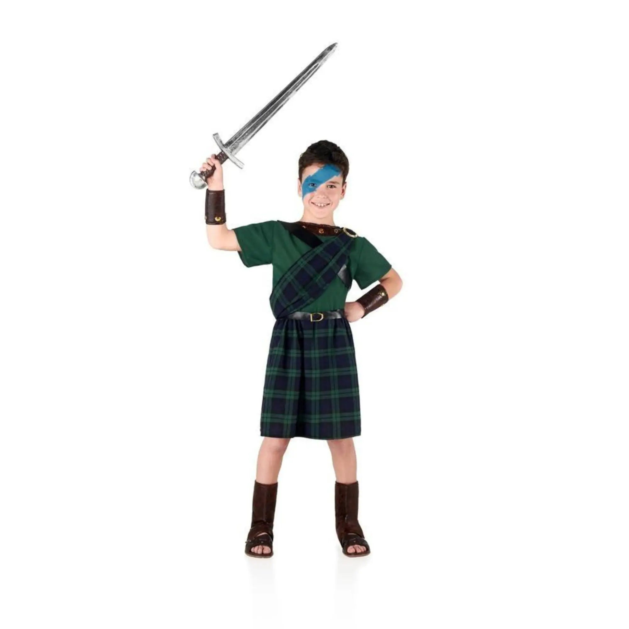 Disfraz Braveheart infantil de guerrero escocés con falda, camisa y accesorios históricos para Carnaval