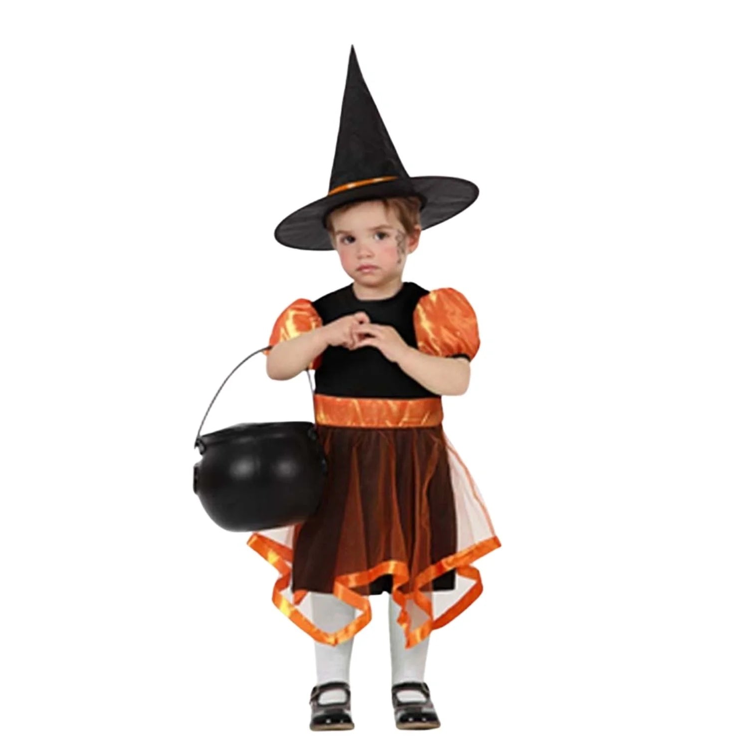 Disfraz Bruja Bebé Naranja con vestido negro y sombrero