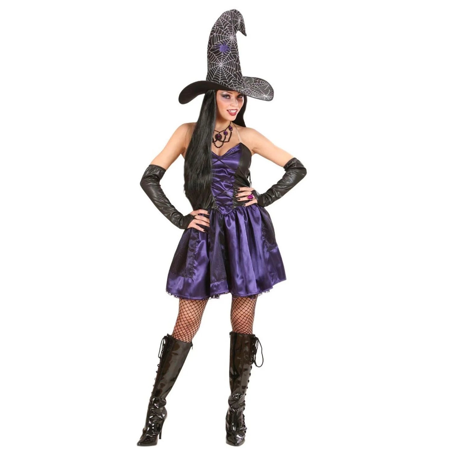 Disfraz de Bruja Gótica Sexy para mujer con vestido morado, sombrero de telaraña y guantes largos