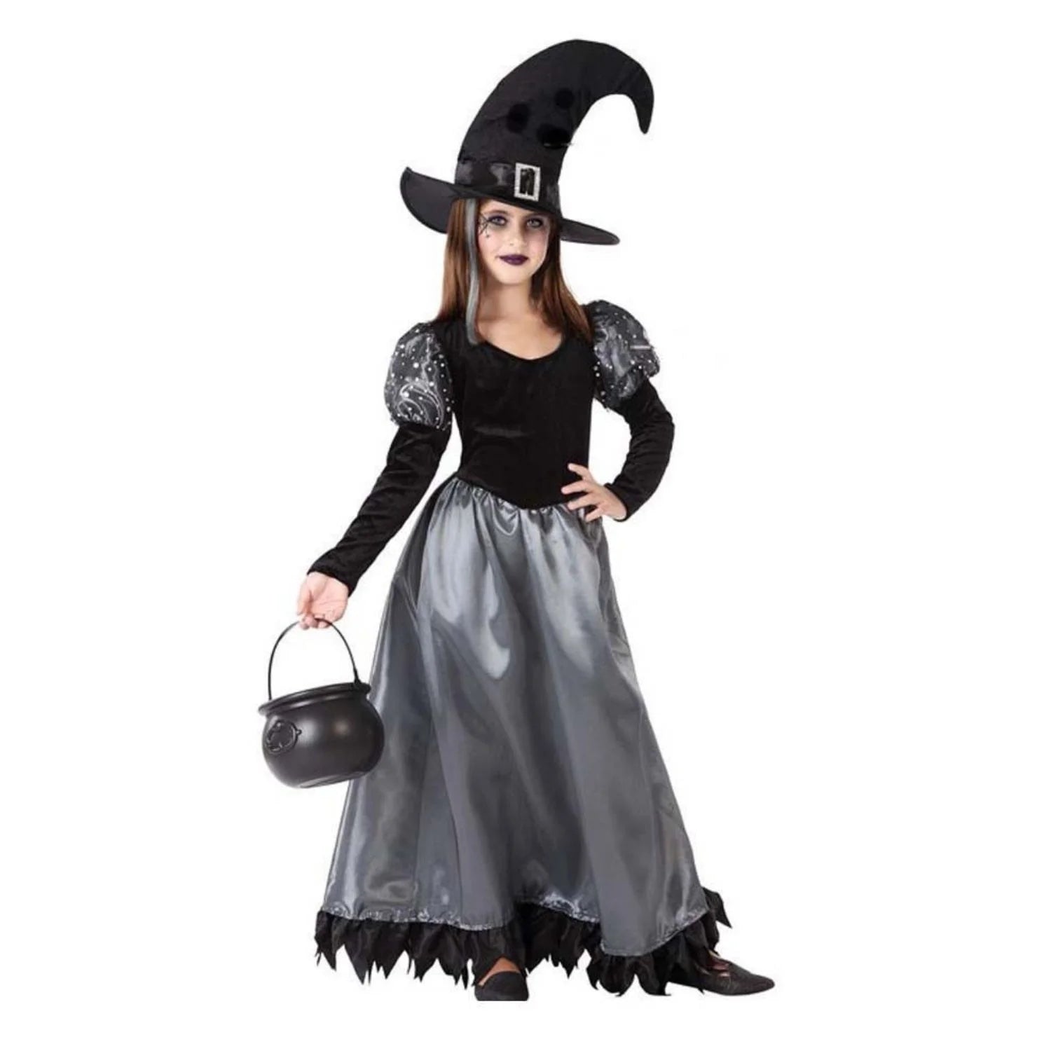 Disfraz bruja Halloween para niña con vestido y sombrero negro