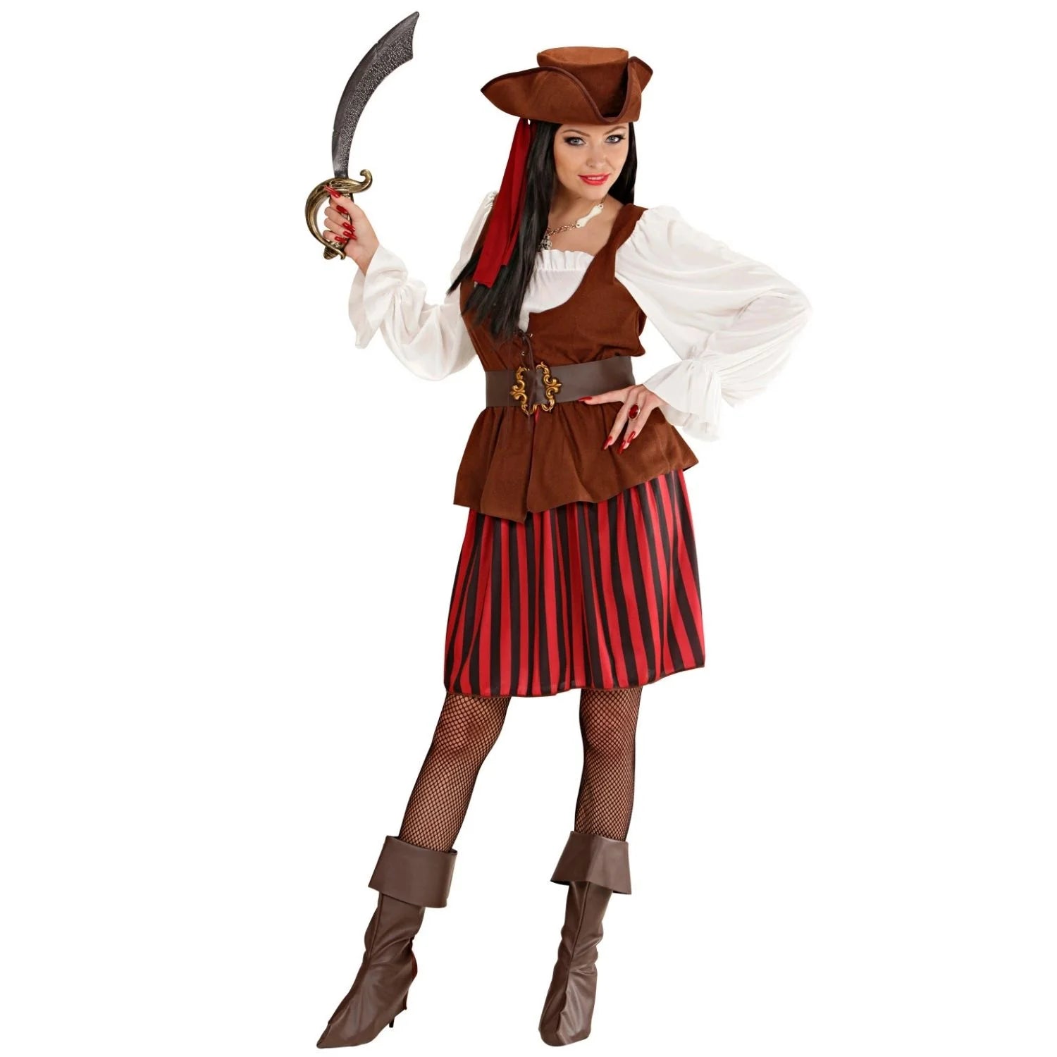 Disfraz de bucanera XL para mujer con falda de rayas y sombrero pirata