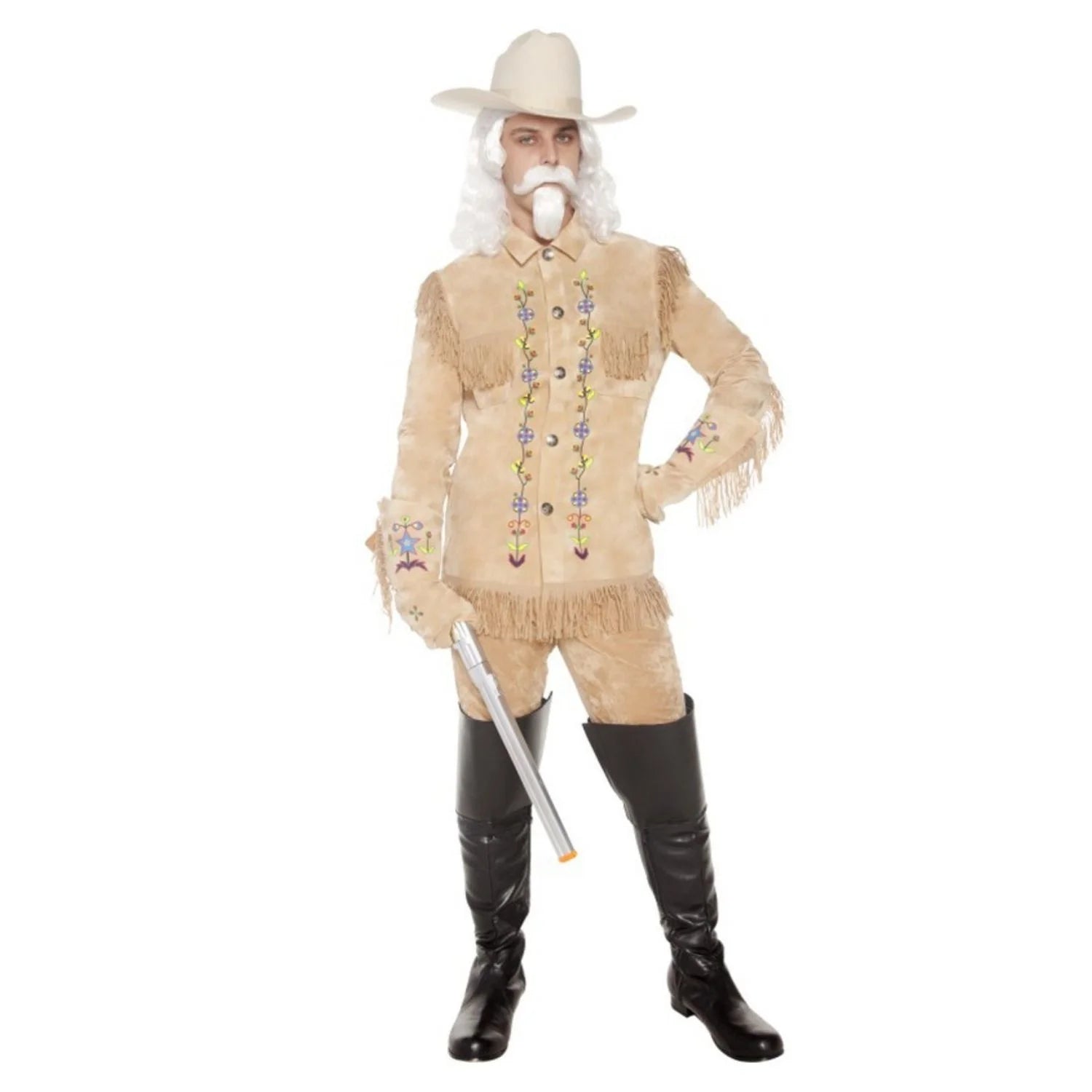 Disfraz Búfalo Bill para hombre con chaqueta beige de flecos estilo western