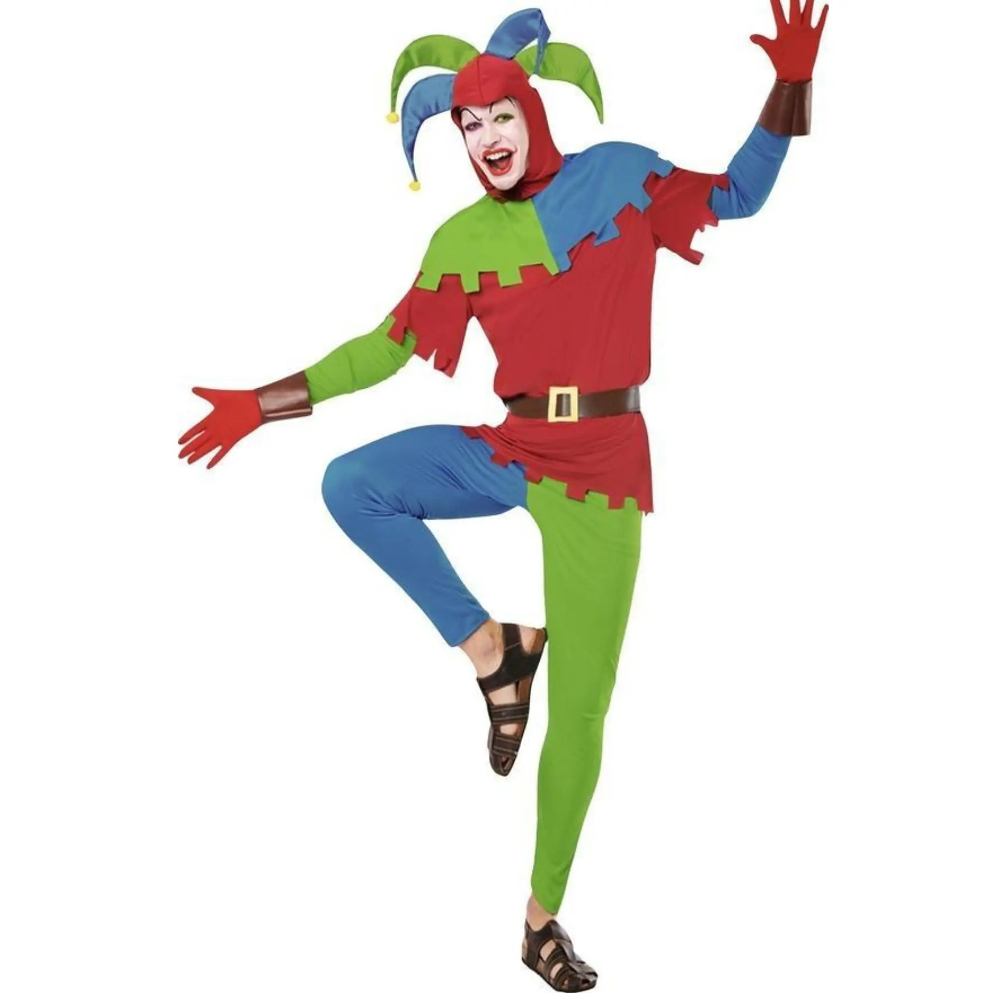 Disfraz de bufón para hombre con túnica de colores, capucha y pantalones para Carnaval y fiestas divertidas