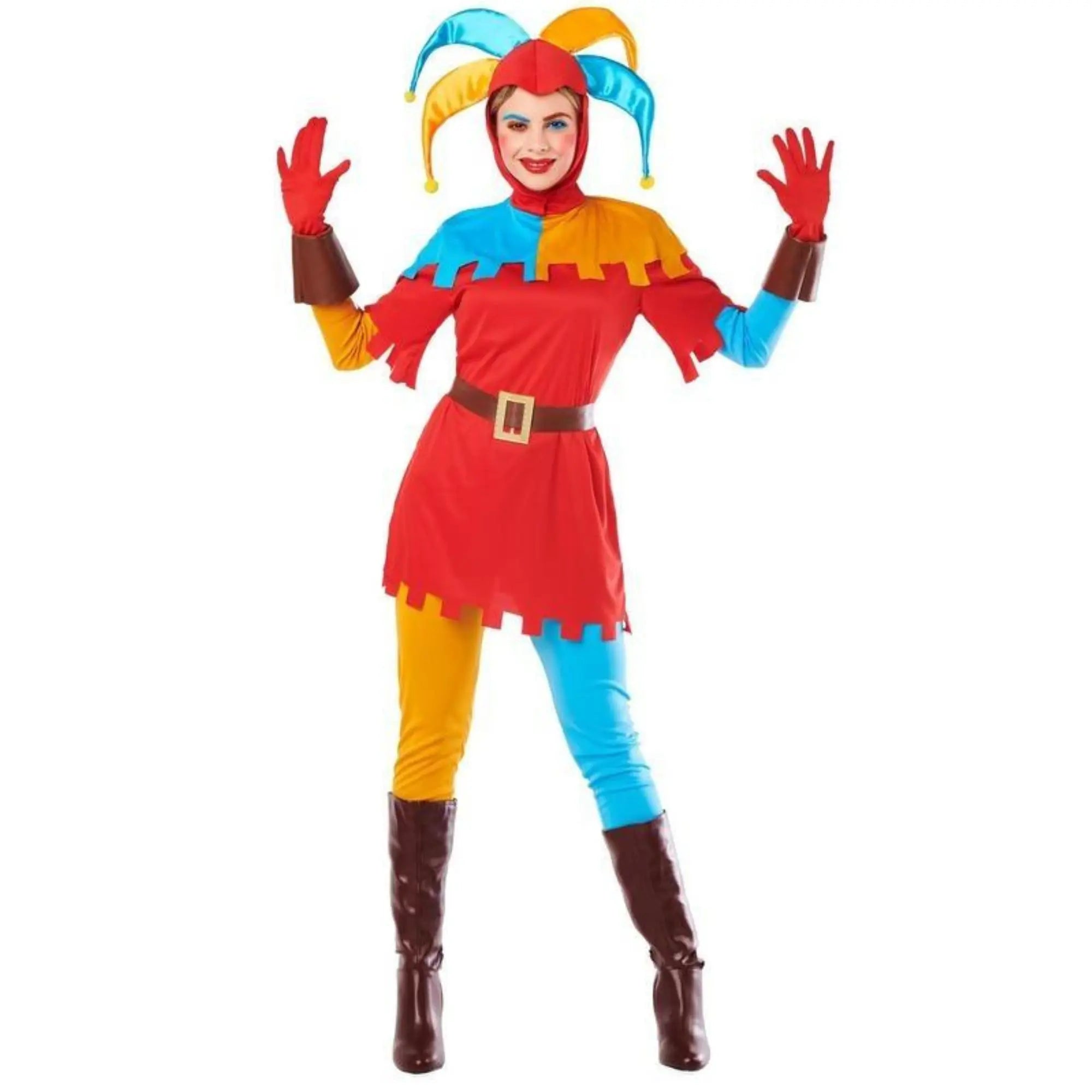 Disfraz de bufón para mujer colorido con túnica, pantalones y capucha ideal para Carnaval