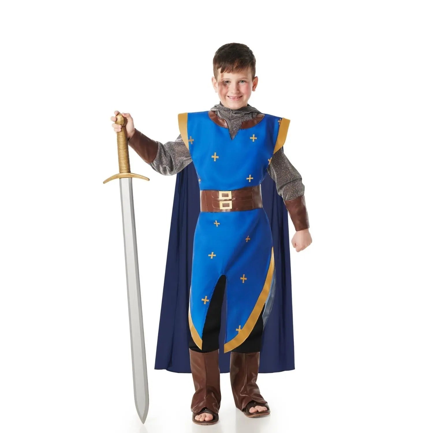 Disfraz de caballero medieval azul infantil con túnica, capucha y cubrebotas