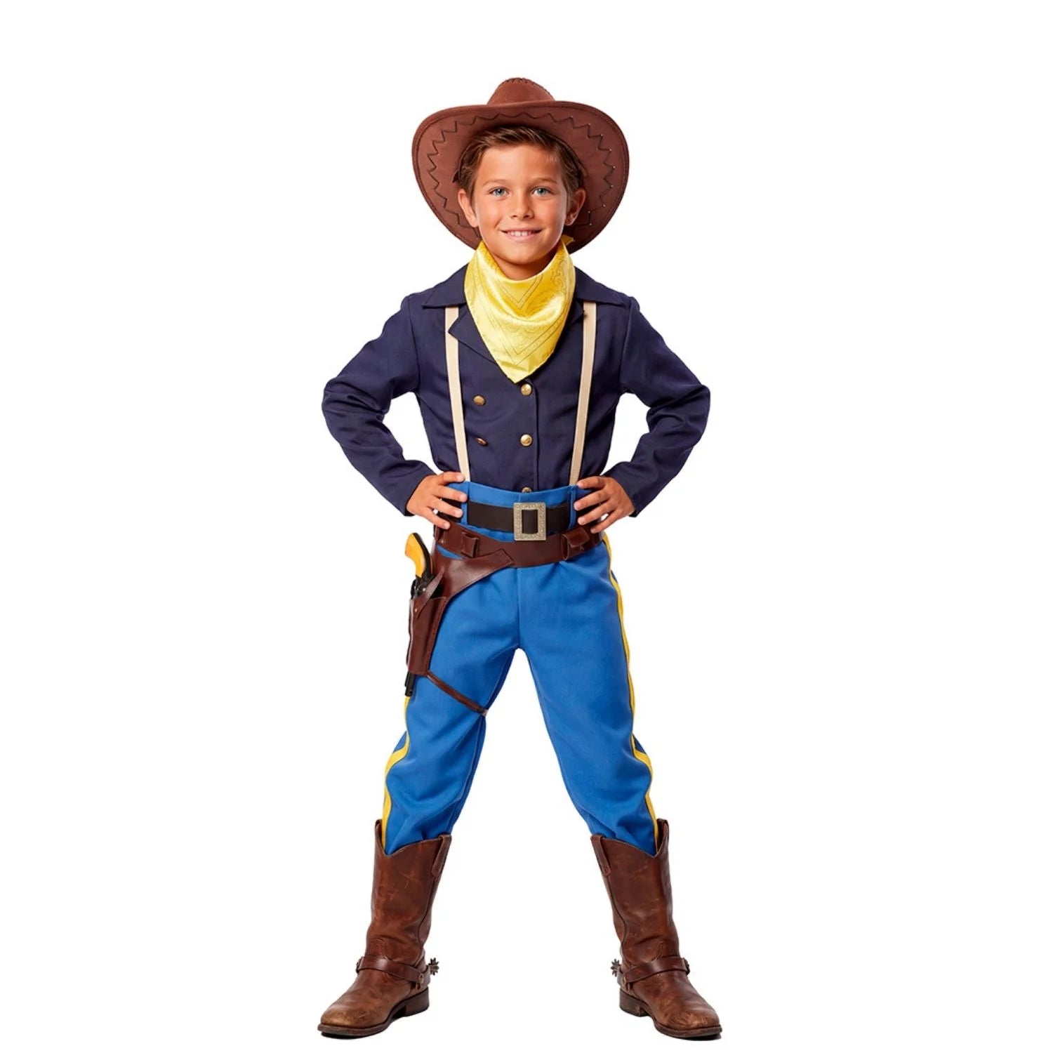 Niño con disfraz de capitán vaquero del Oeste con sombrero y cinturón