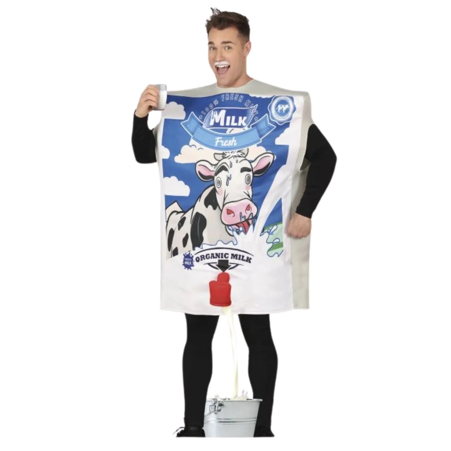 Disfraz cartón de leche adulto con cinturón para Carnaval