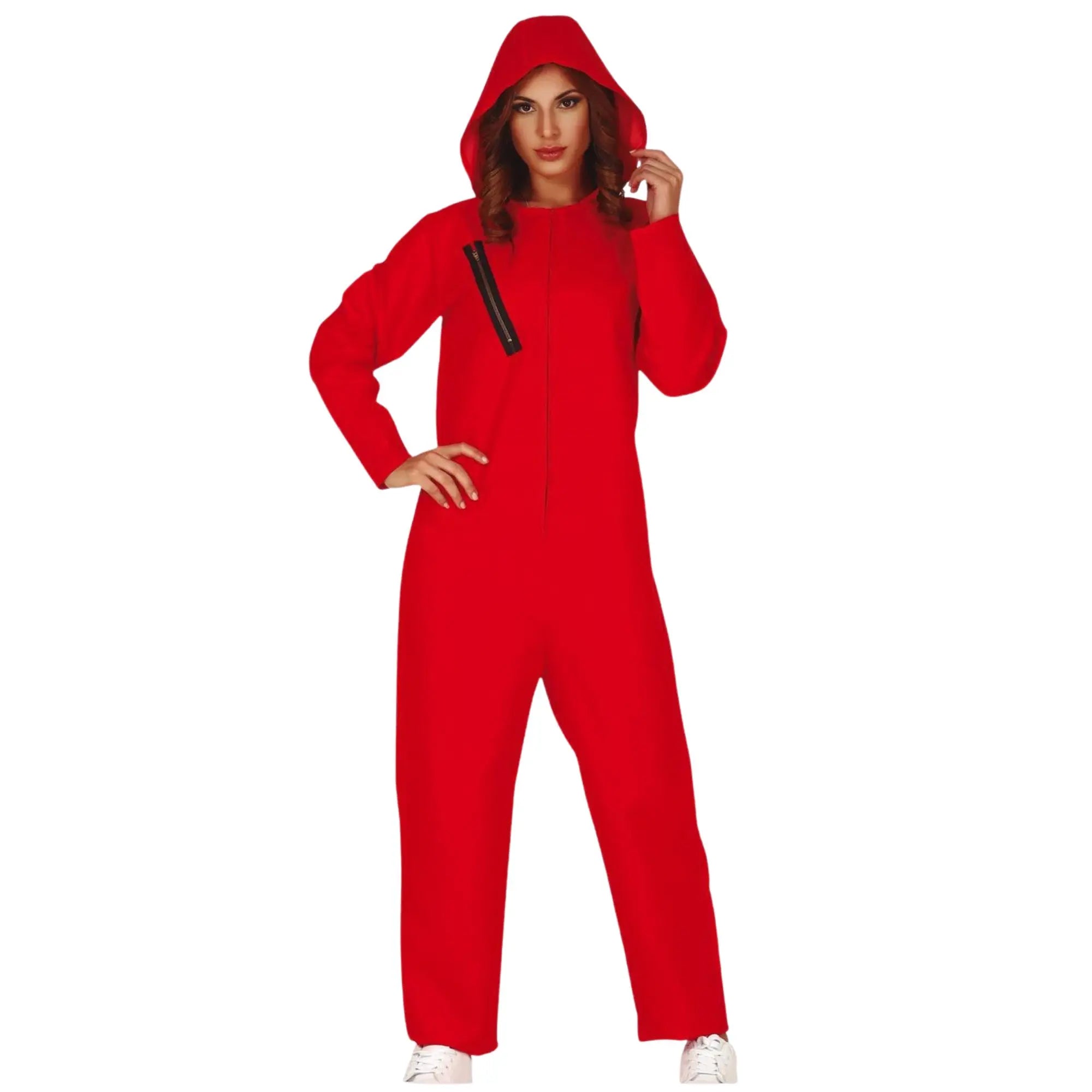 Disfraz de convicta roja con capucha para mujer compuesto por mono rojo y máscara ideal para Carnaval y fiestas temáticas