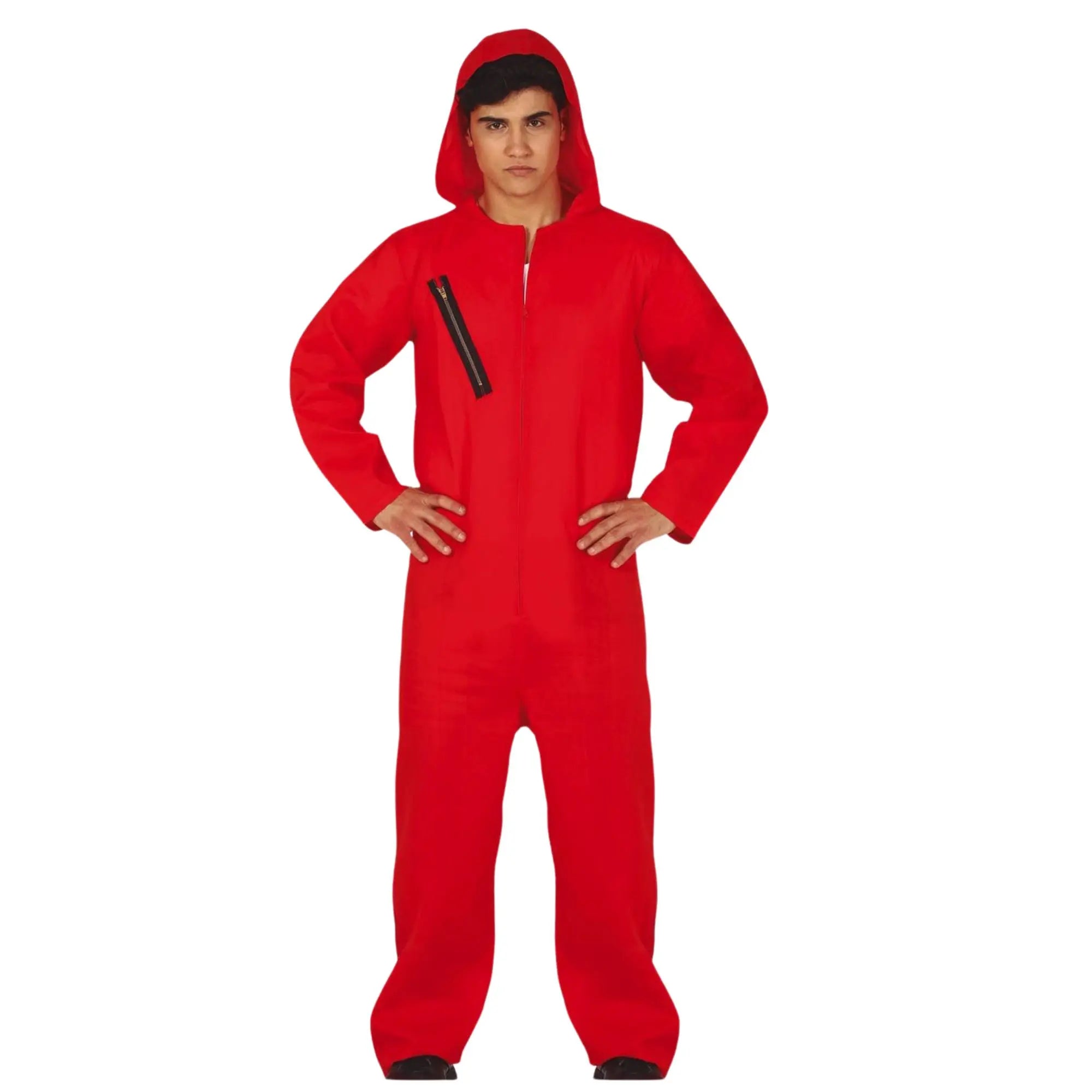 Disfraz de convicto rojo para adulto con mono y capucha inspirado en series de acción