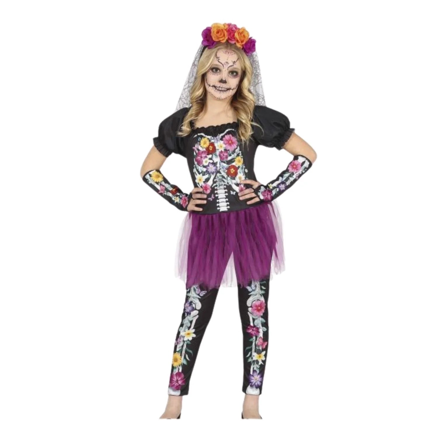 Disfraz Catrina Flower Skeleton infantil con camiseta y pantalón