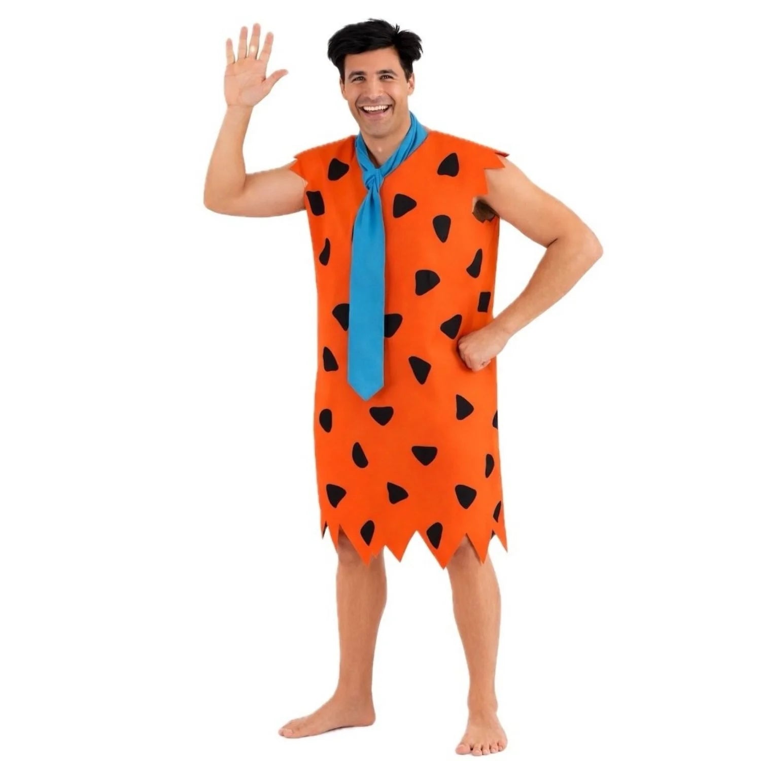 Disfraz cavernícola hombre naranja con estampado negro y corbata azul