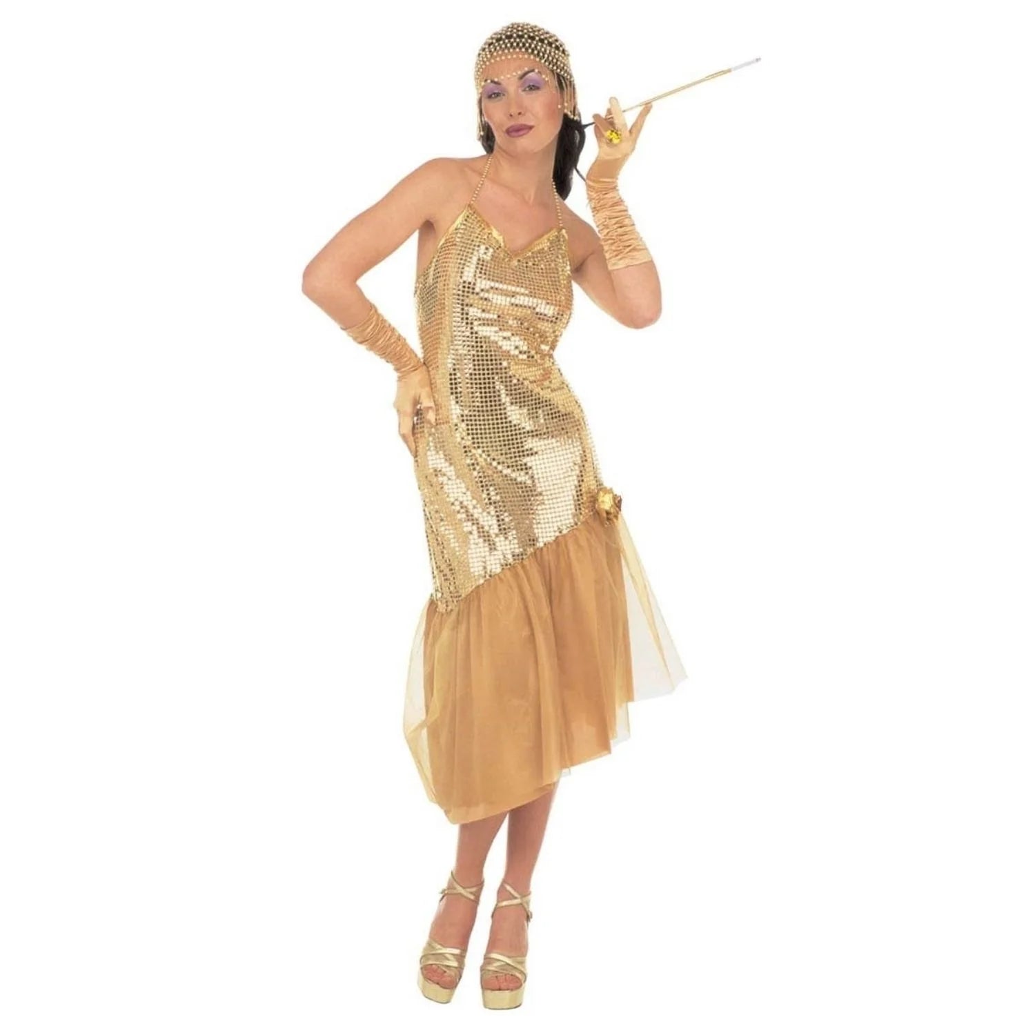 Disfraz de Charlestón Lulu para mujer con vestido dorado estilo años 20
