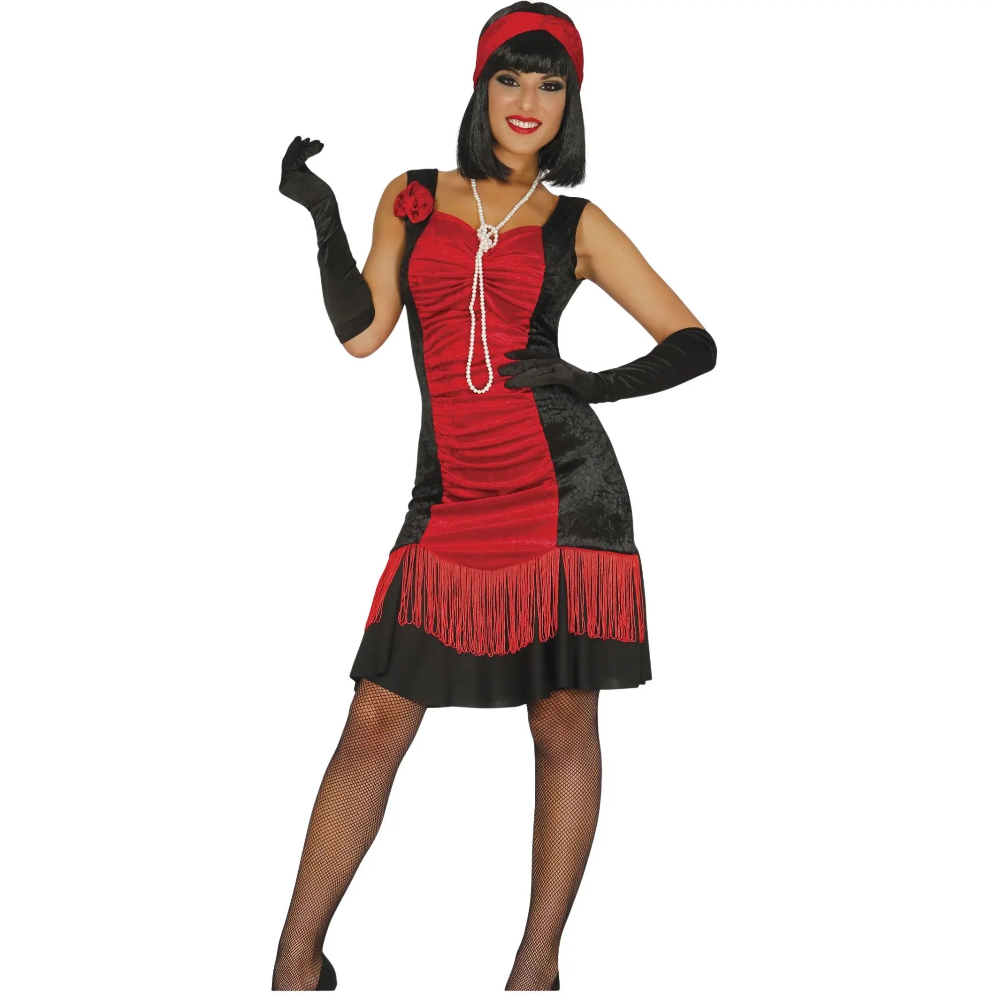 Disfraz de Charleston negro y rojo para mujer con vestido y cinta de cabeza estilo años 20 elegante para Carnaval