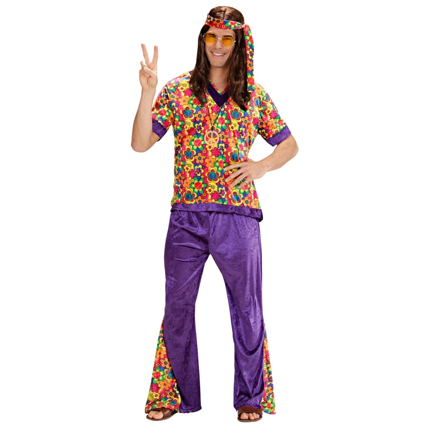 Disfraz chico hippie hombre con camisa estampada y pantalón acampanado