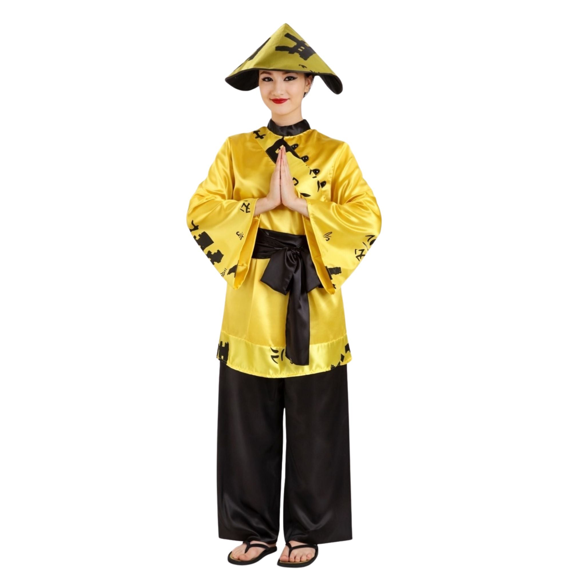 Disfraz de china para adulto con casaca amarilla, pantalón negro, cinturón y gorro oriental