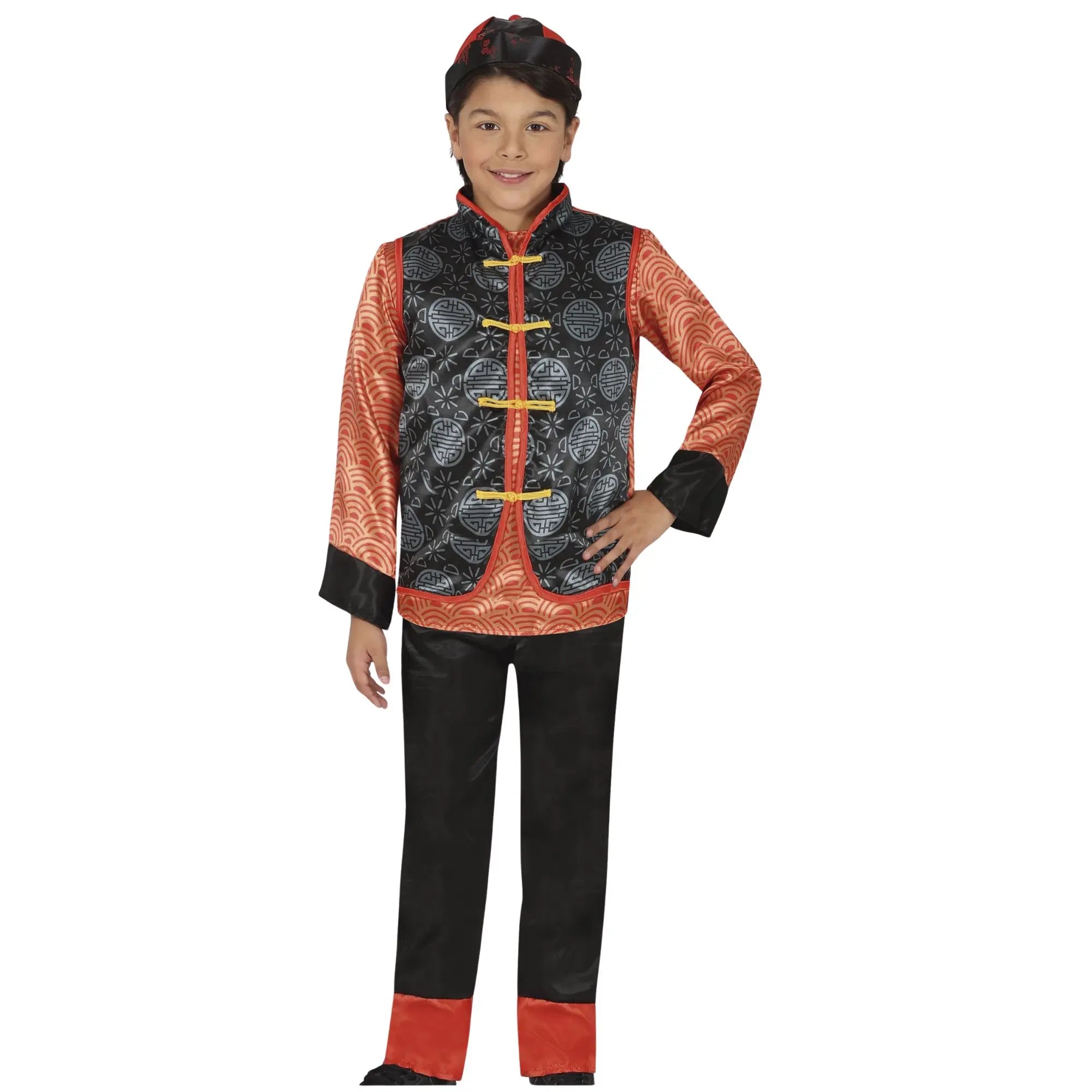 Disfraz chino infantil para niño con chaleco rojo, pantalón y camiseta ideal para Carnaval y fiestas temáticas