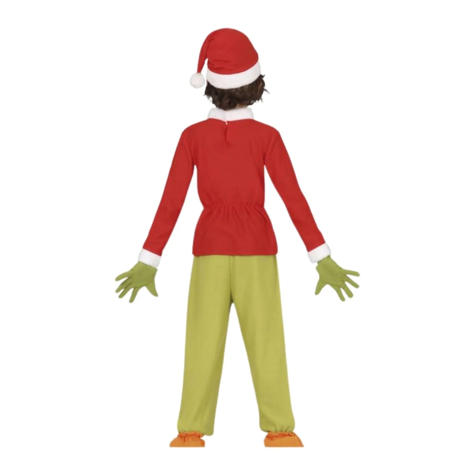 Niño con disfraz Christmas Hater navideño verde con cinturón y guantes