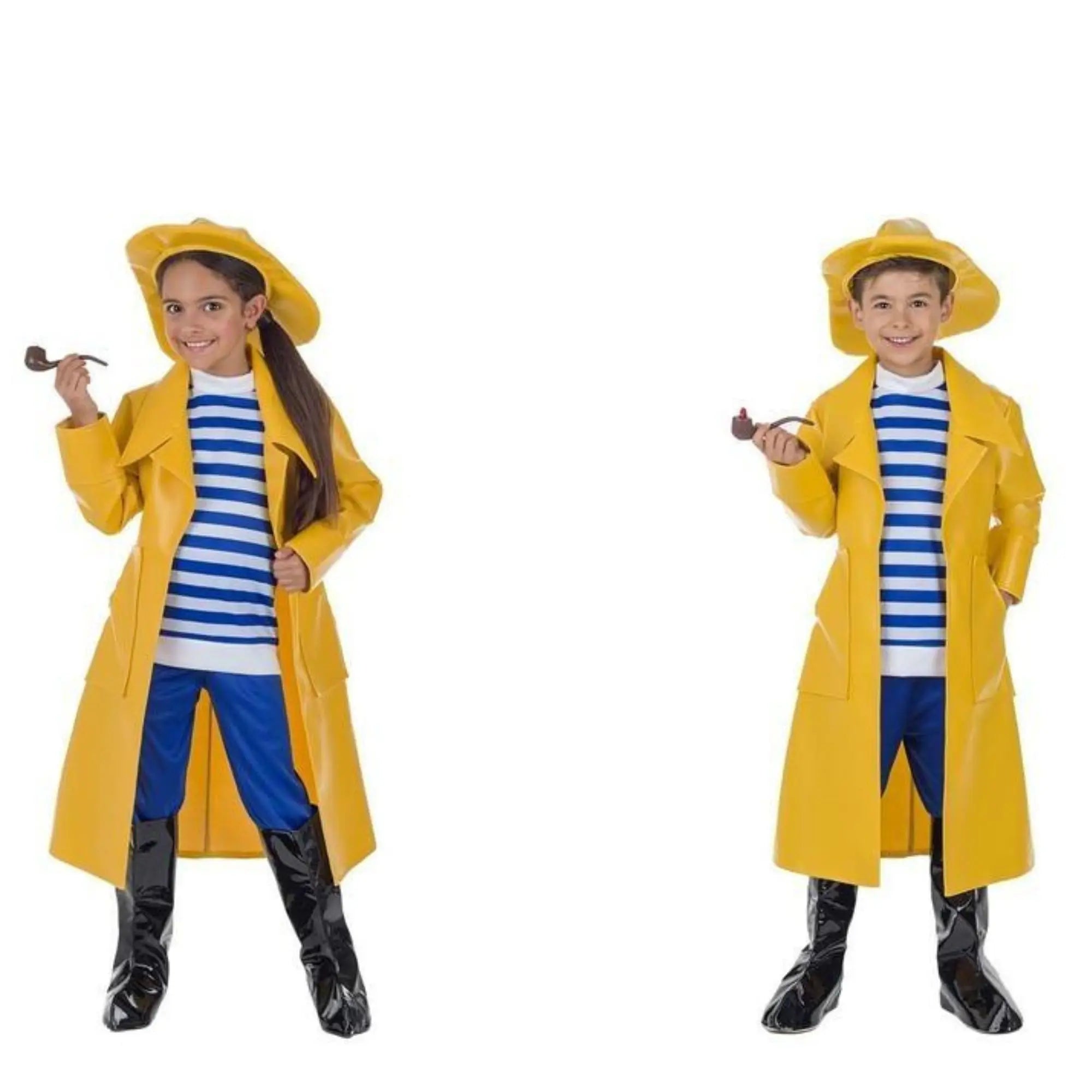Disfraz de capitán pescador infantil con gorro, abrigo, camisa y cubrebotas para Carnaval