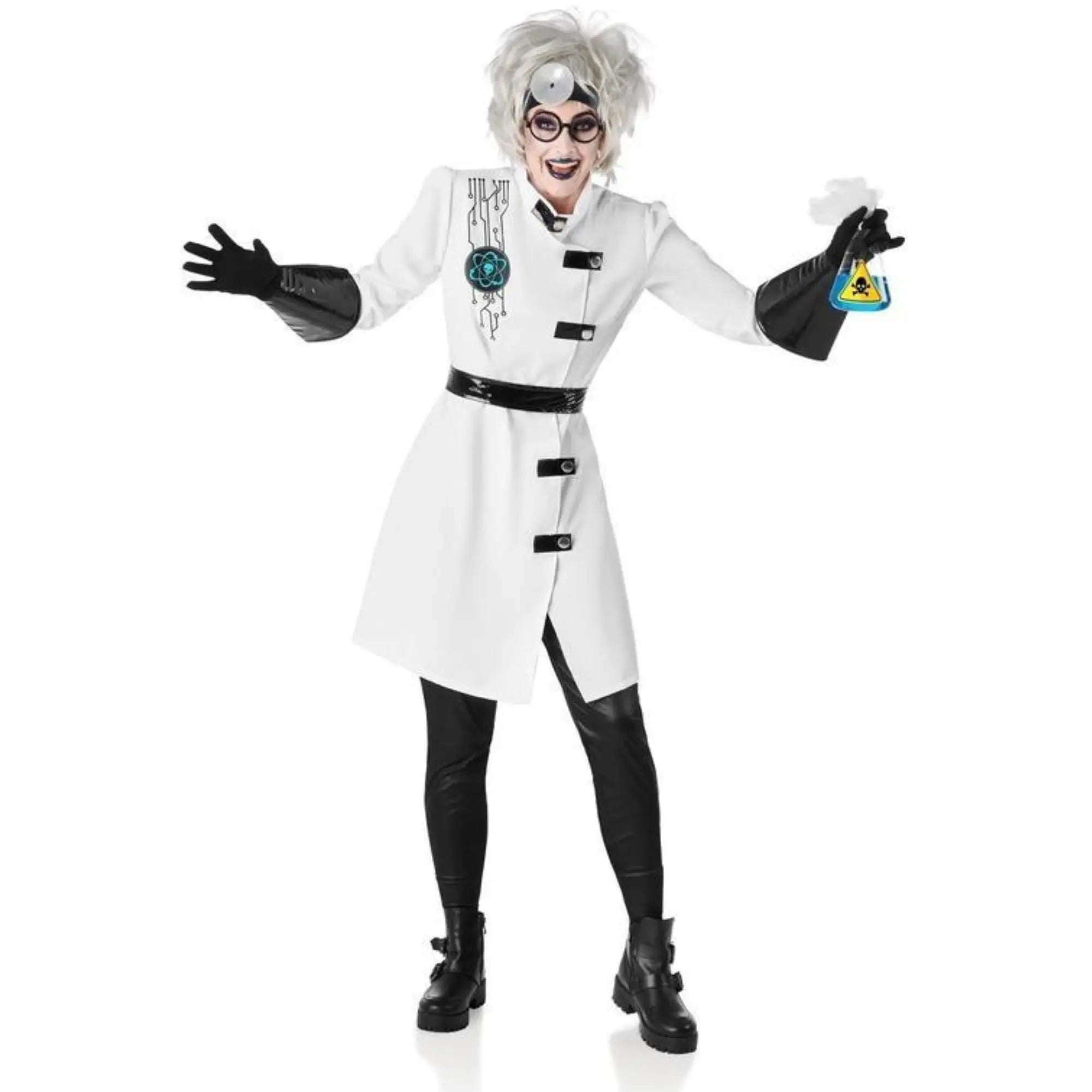 Disfraz de científica loca para mujer con chaqueta, pantalón, guantes y accesorios de laboratorio para Halloween