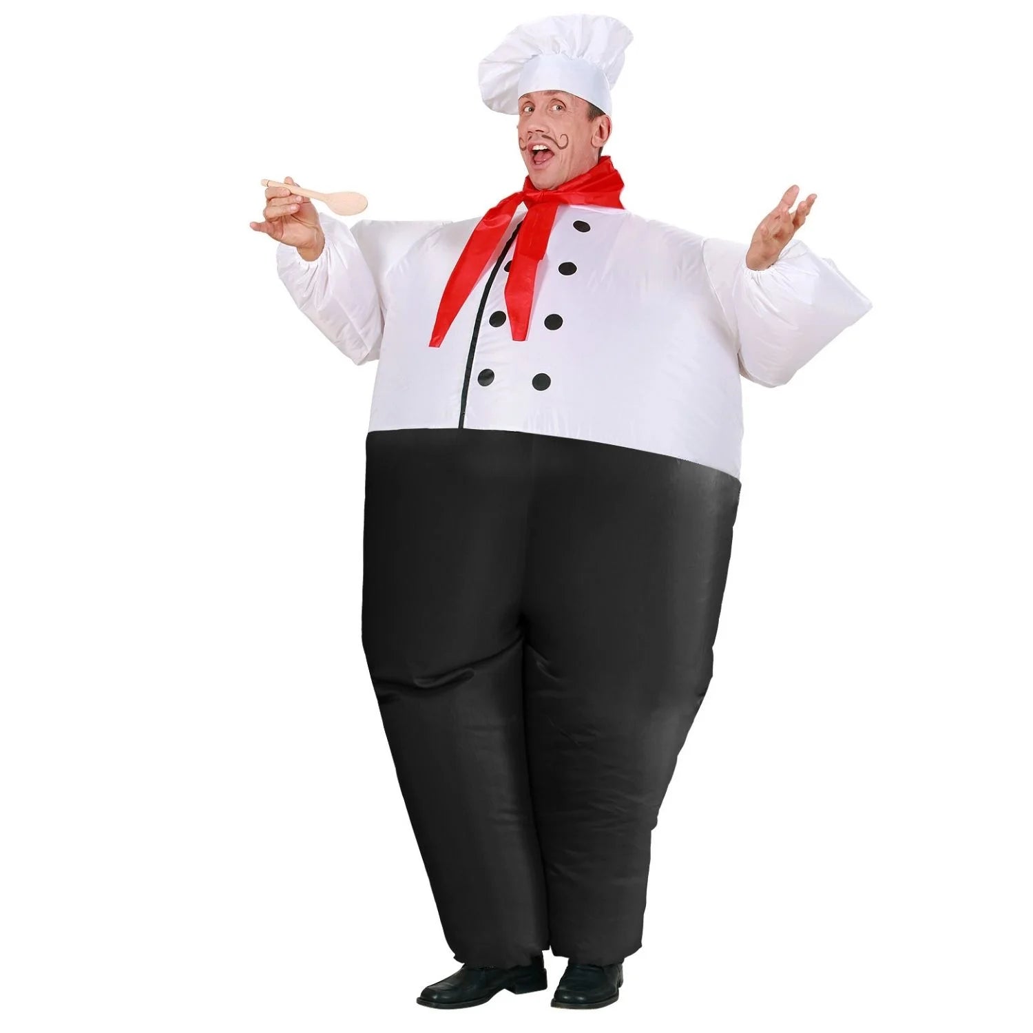 Disfraz cocinero hinchable adulto con ventilador, foulard rojo y sombrero de chef