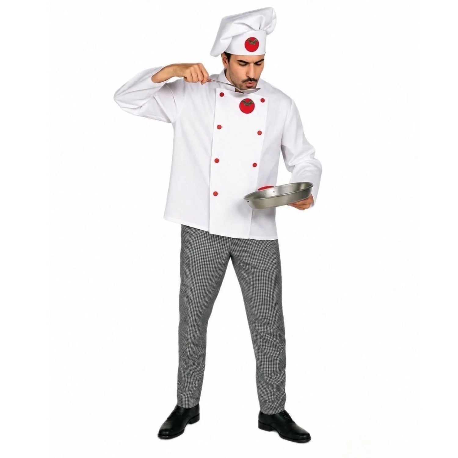 Disfraz cocinero para hombre con gorro de chef y pantalón de cuadros