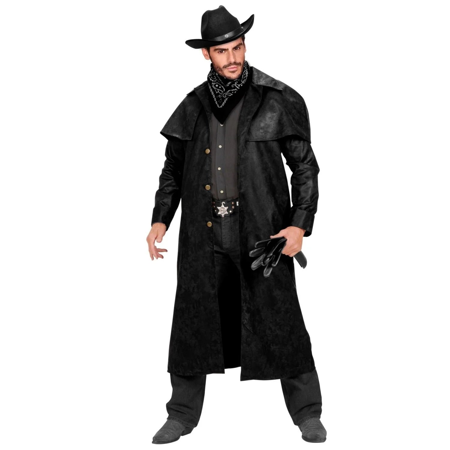 Disfraz cowboy del oeste para adulto con guardapolvo negro estilo western