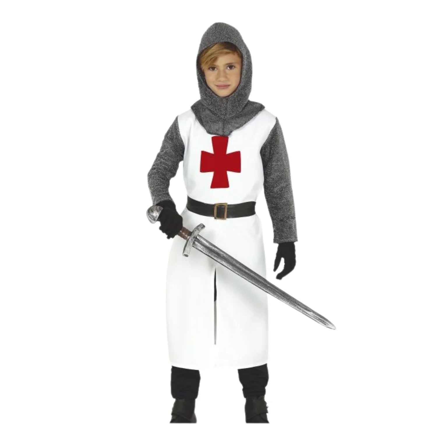 Disfraz Cruzado Medieval Blanco infantil con capucha, casaca, cinturón y pantalón