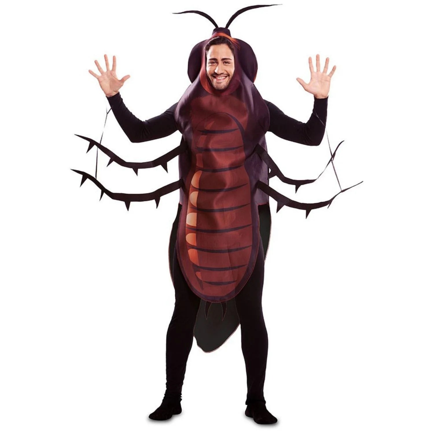 Hombre con disfraz de cucaracha gigante para adulto con antenas y patas laterales