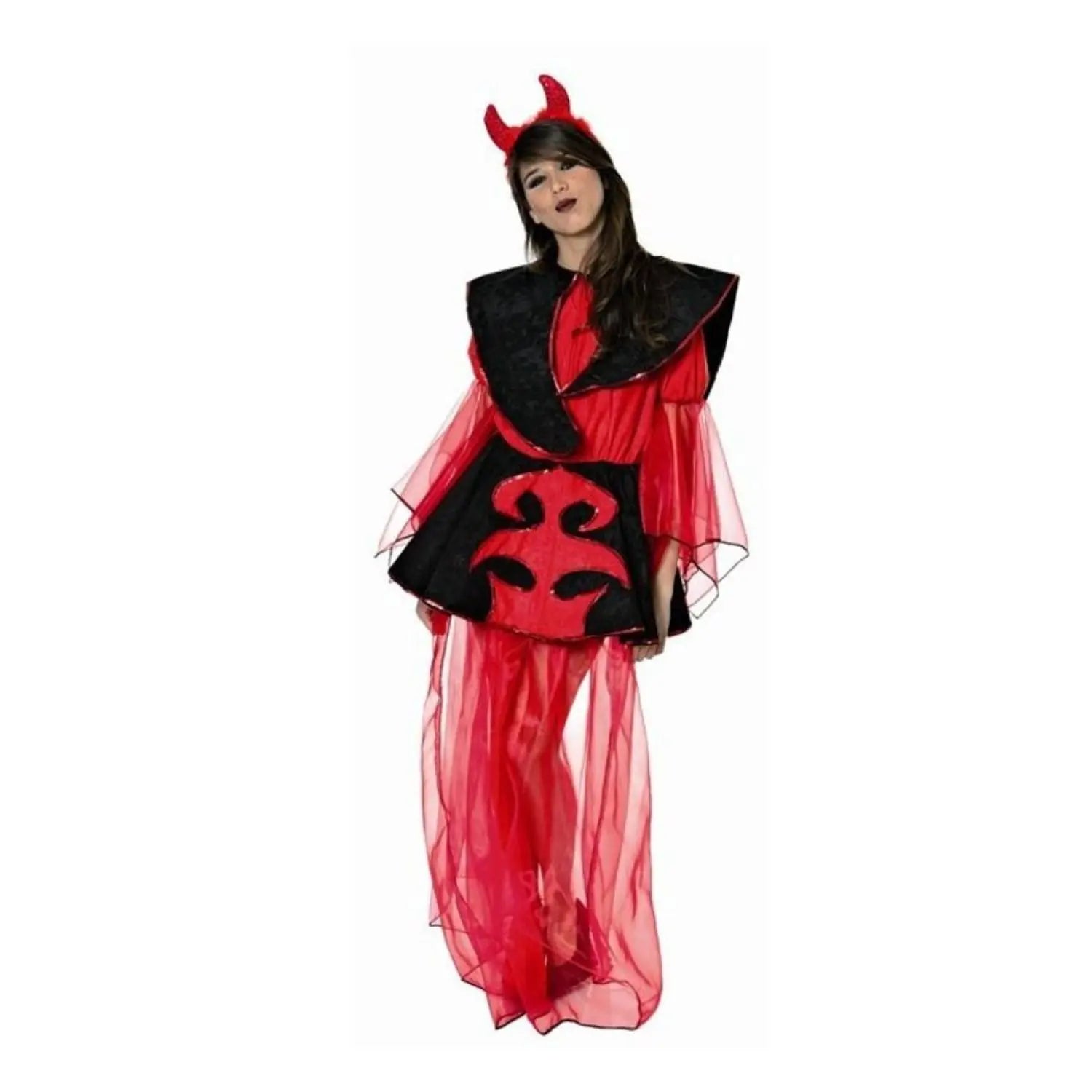Disfraz de Dama Diablesa para mujer con vestido rojo y negro de organza y satén