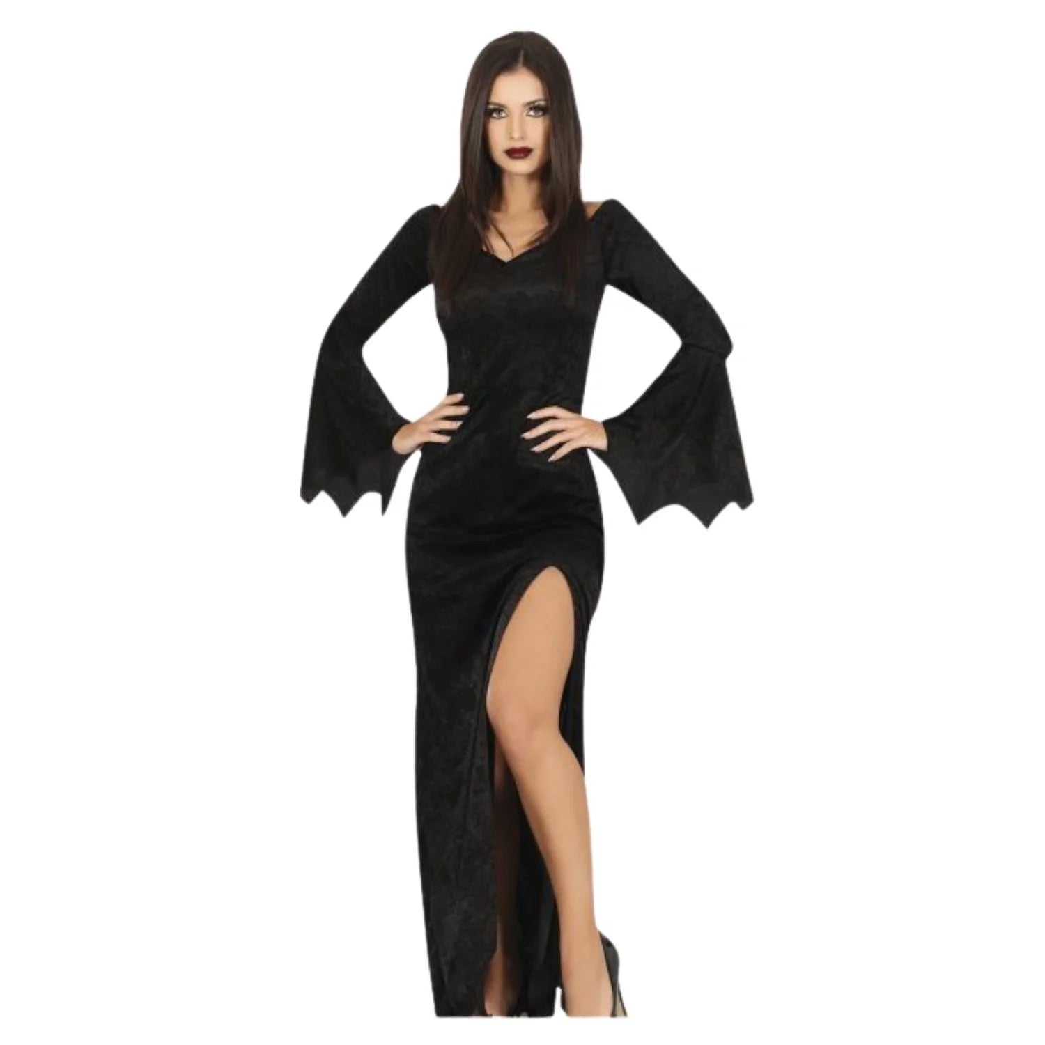 Disfraz dama gótica para mujer con vestido largo negro estilo Morticia Addams
