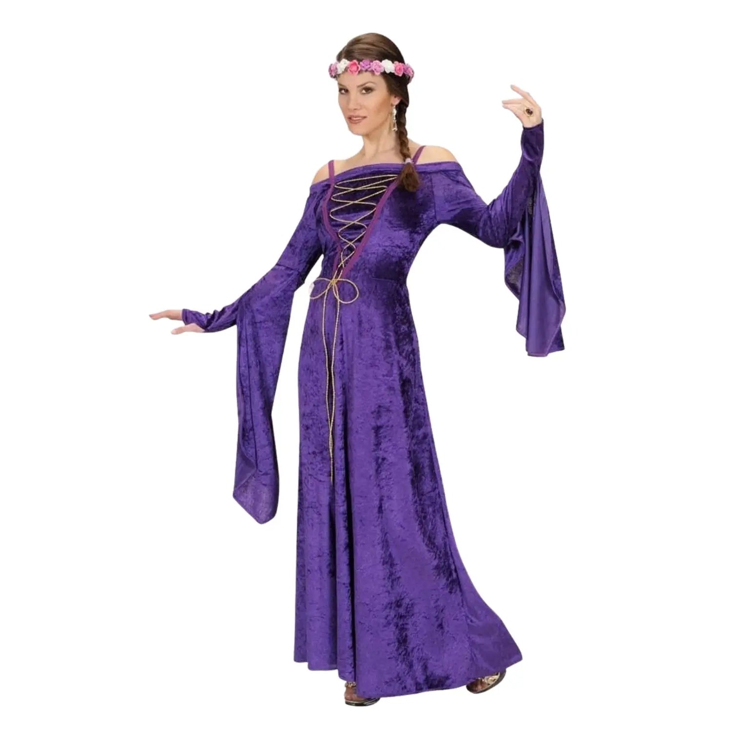 Disfraz de Dama Medieval Lila para mujer con vestido largo y tocado medieval