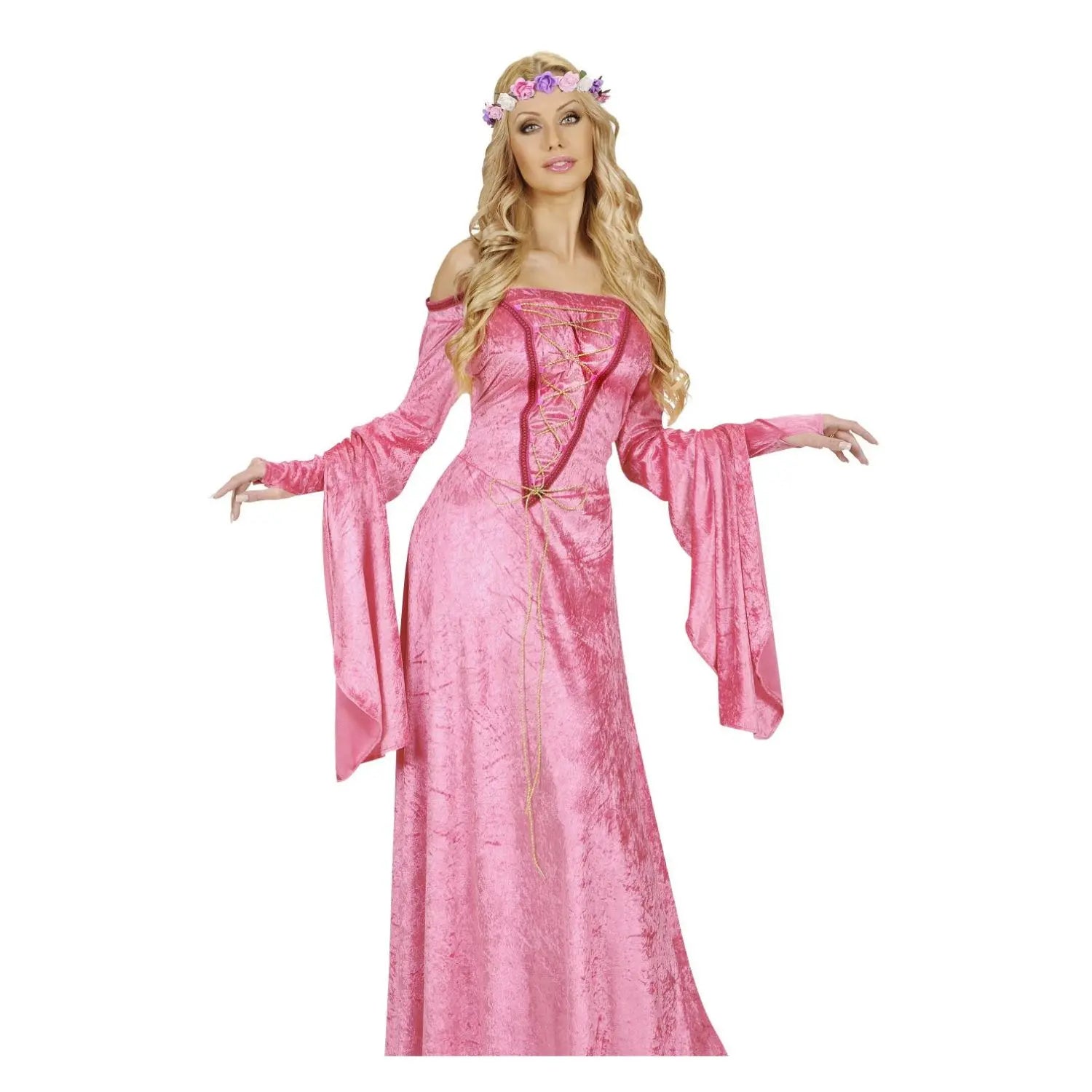 Disfraz de Dama Medieval talla XL para mujer con vestido rosa de terciopelo y tocado a juego