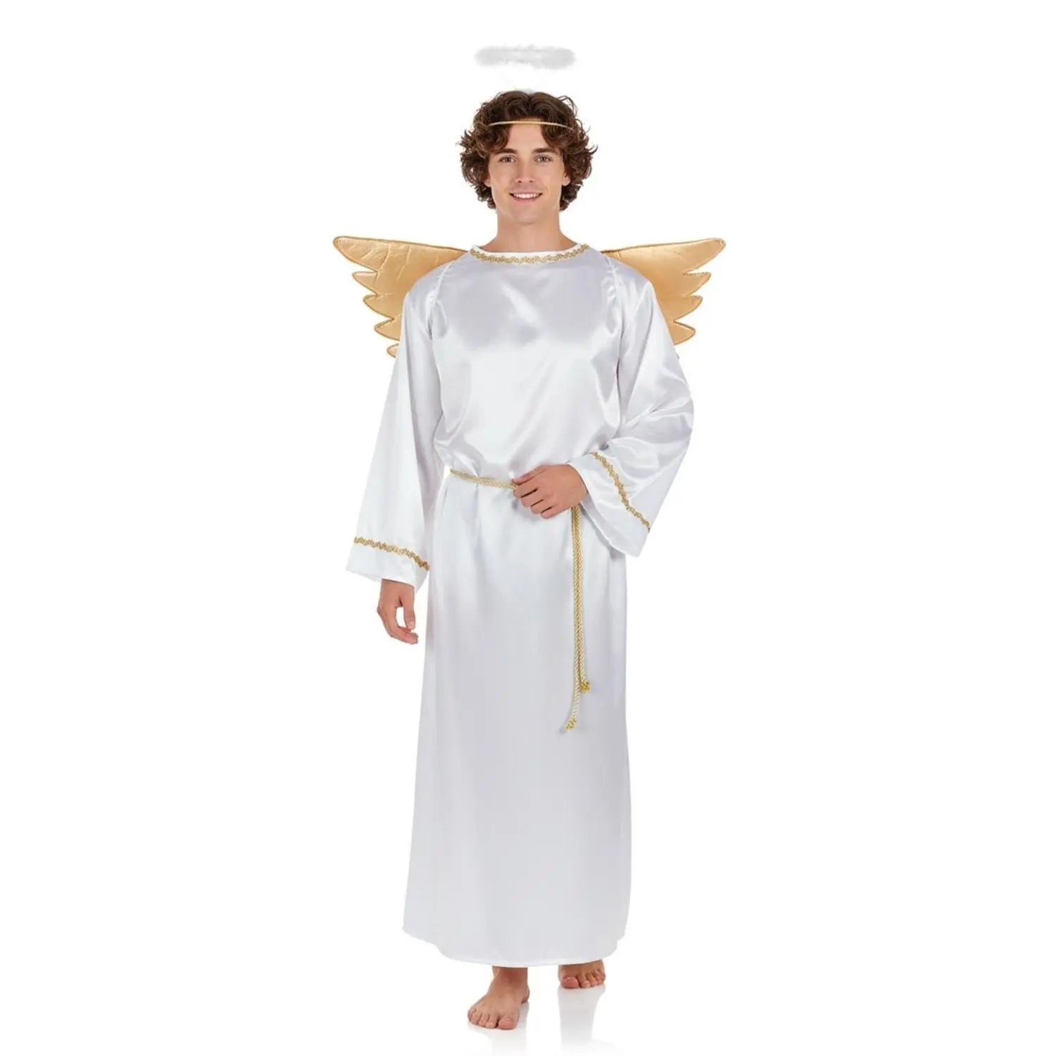 Disfraz de ángel para adulto con túnica blanca, alas y halo, ideal para Carnaval o Navidad