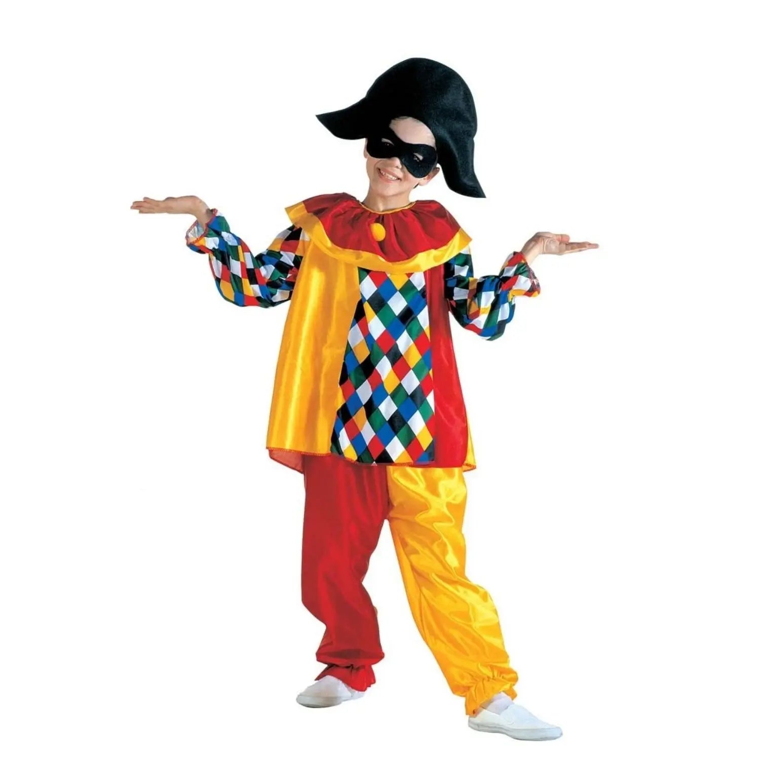 Niño con disfraz de Arlequín infantil compuesto por casaca con cuello, pantalón, sombrero y antifaz de colores