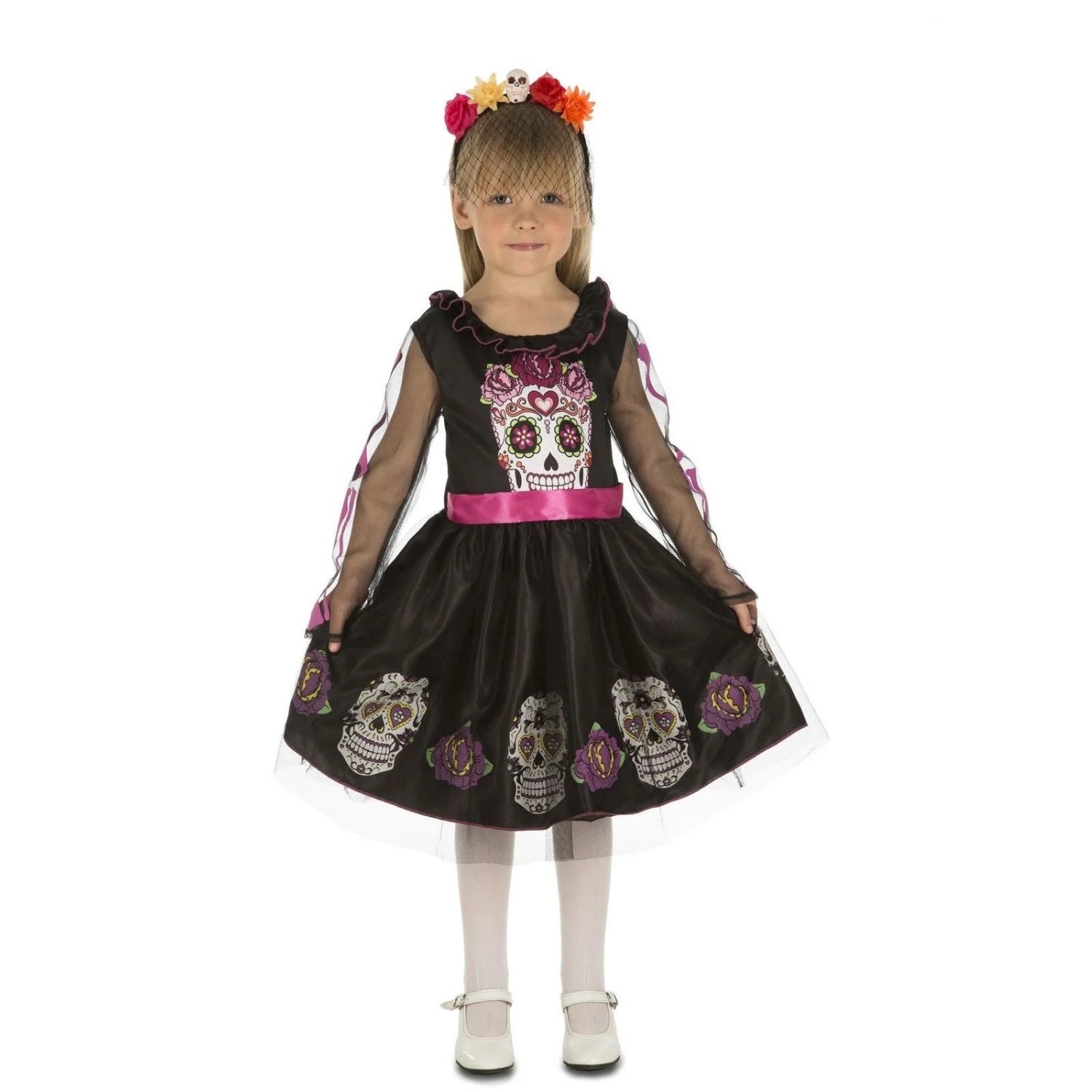 Disfraz de Calaverita para niña con vestido negro decorado con calaveras y flores