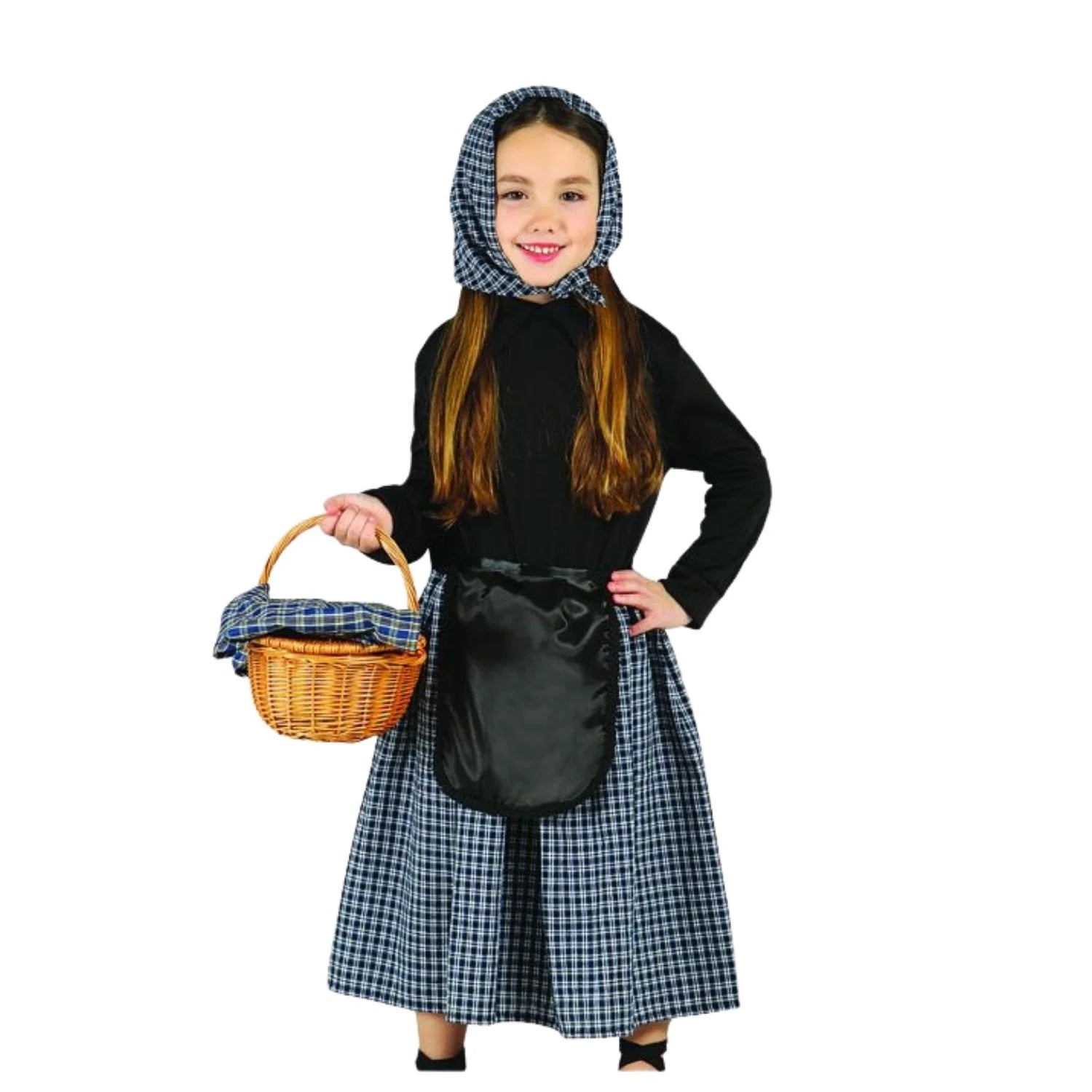 Niña con disfraz de castañera infantil con vestido, delantal y pañuelo tradicional