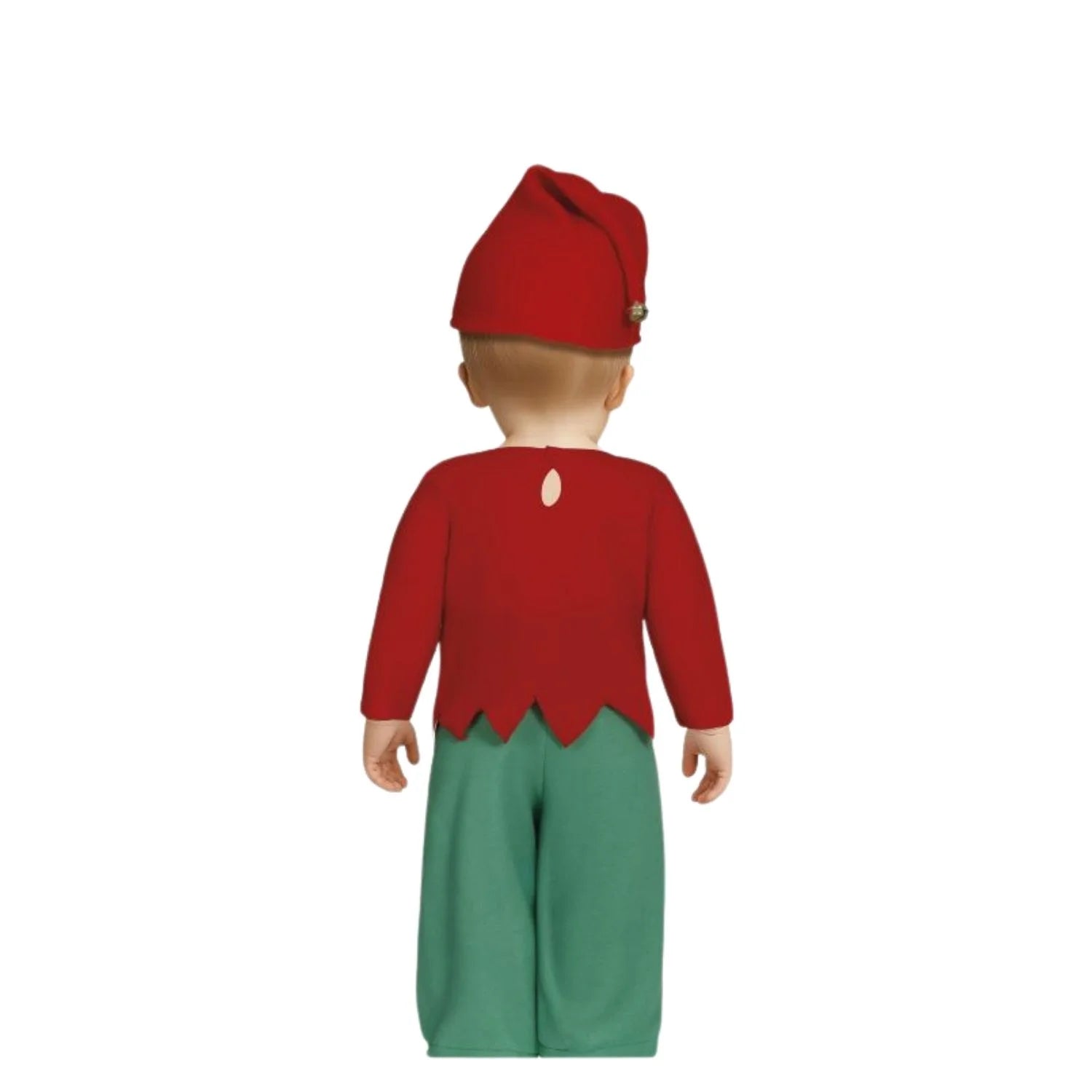 Bebé con disfraz de duende navideño verde y rojo con gorro típico de elfo