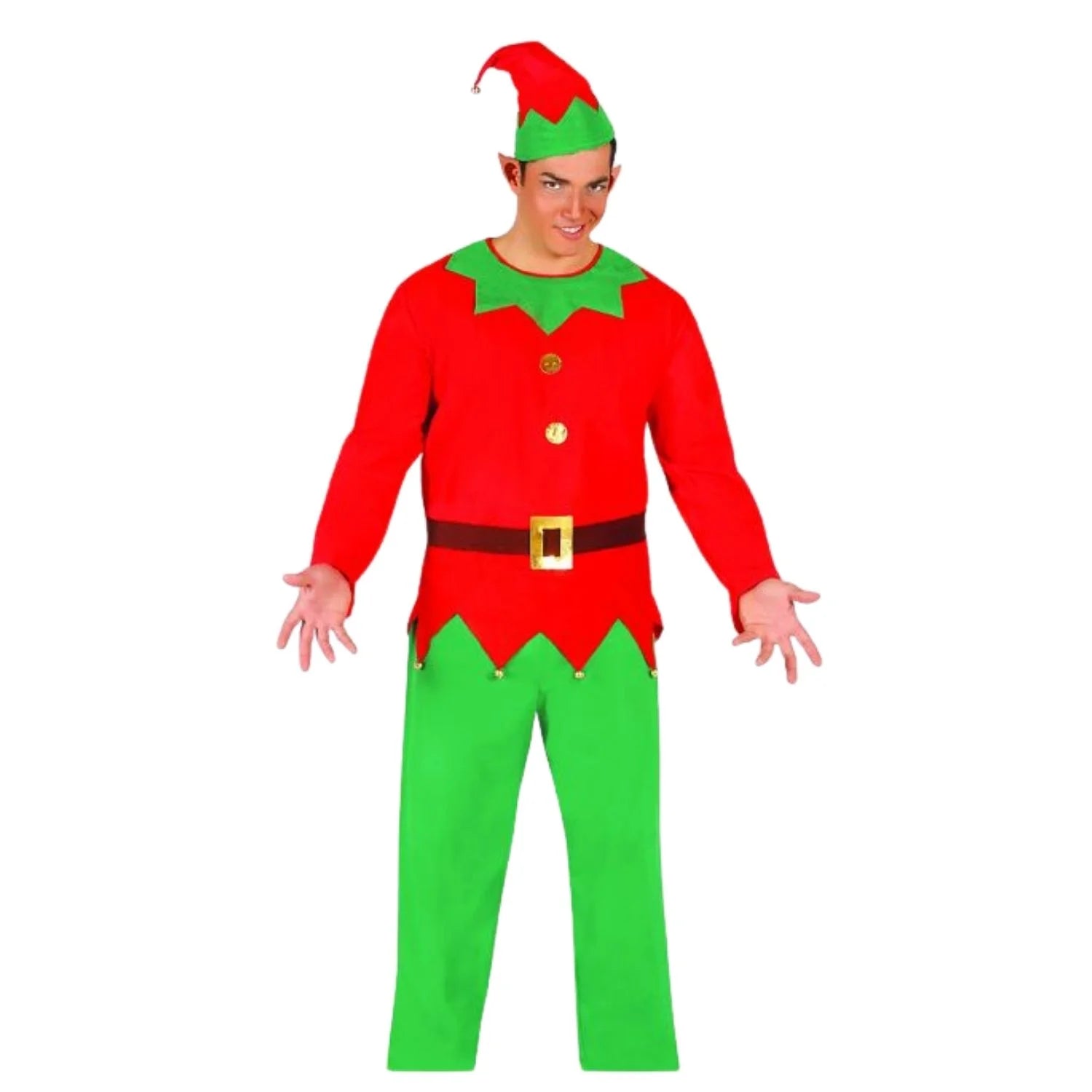 Disfraz de elfo hombre con gorro, casaca, pantalón y cinturón para Navidad